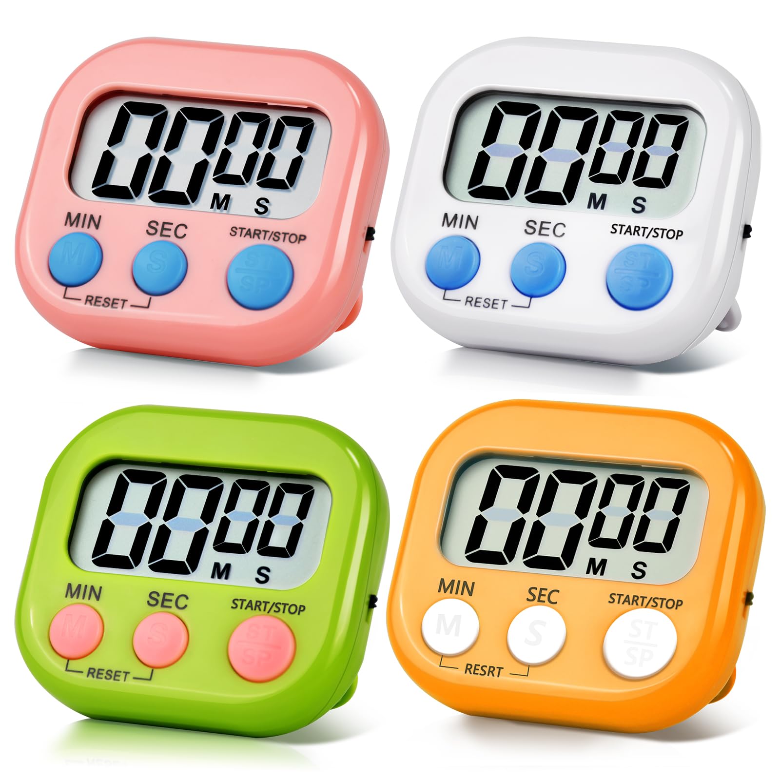 4 Pack Magnetic Digital Kitchen Timer with Large Display & Loud Alarm - Countdown Timer for Cooking, Baking, Gym, Classroom, Games, Study Breaks (4 Colors: Pink, Green, Orange, White) - Perfect for Meal Prep, Workout Timing & Productivity Management