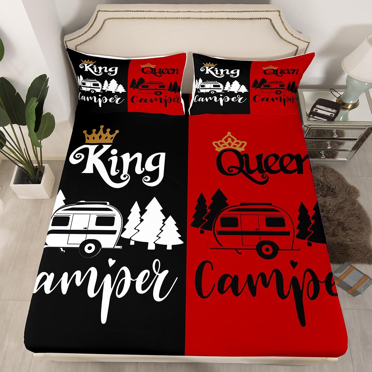 Camper Fitted Sheet Set - Queen & King Size Waterproof Camping Bedding | Happy Camping Gift for Couples, Newlyweds & Engagement | Perfect for RV, Tent & Outdoor Adventures