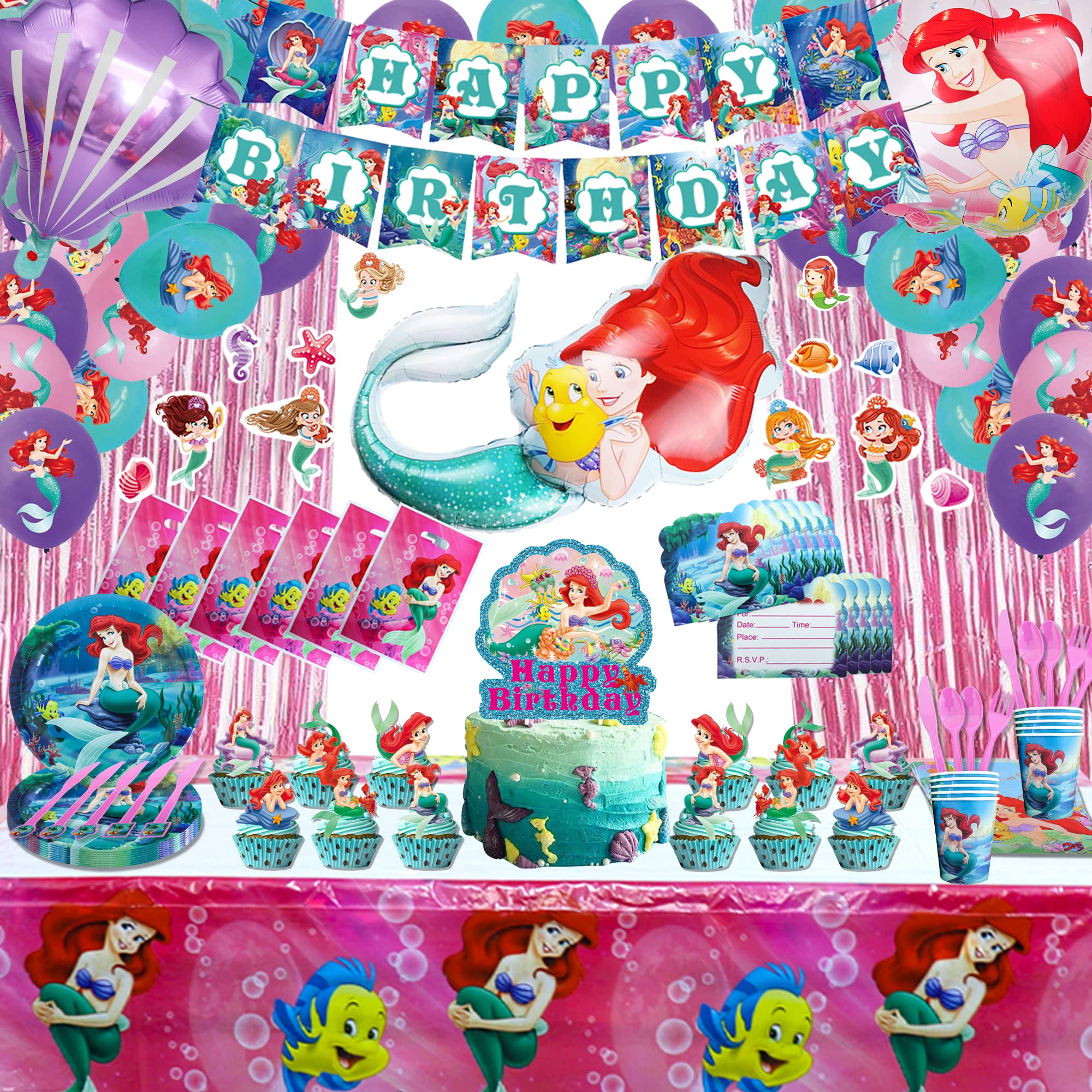 150 Pcs Mermaid Birthday Party Decorations Set - Tablecloth, Banner, Cake Toppers, Balloons, Stickers, Invitation Cards & Plates for Girls Underwater Themed Party | Perfect for Mermaid Birthday Celebrations, Baby Showers & Ocean-Themed Events