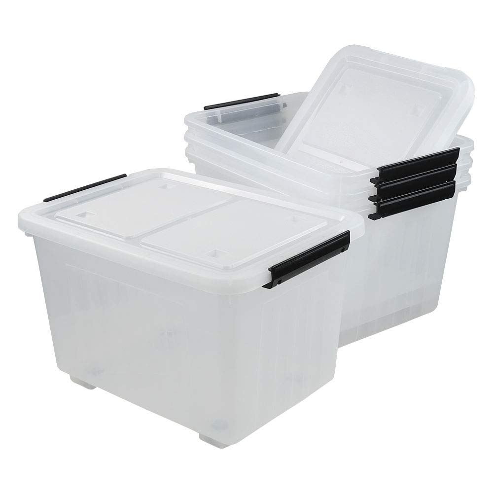 35 Quart Plastic Storage Bin with Wheels - 4 Pack Latching Storage Boxes for Home Organization, Garage, Closet & Moving Supplies - Durable Stackable Containers for Easy Storage & Transport