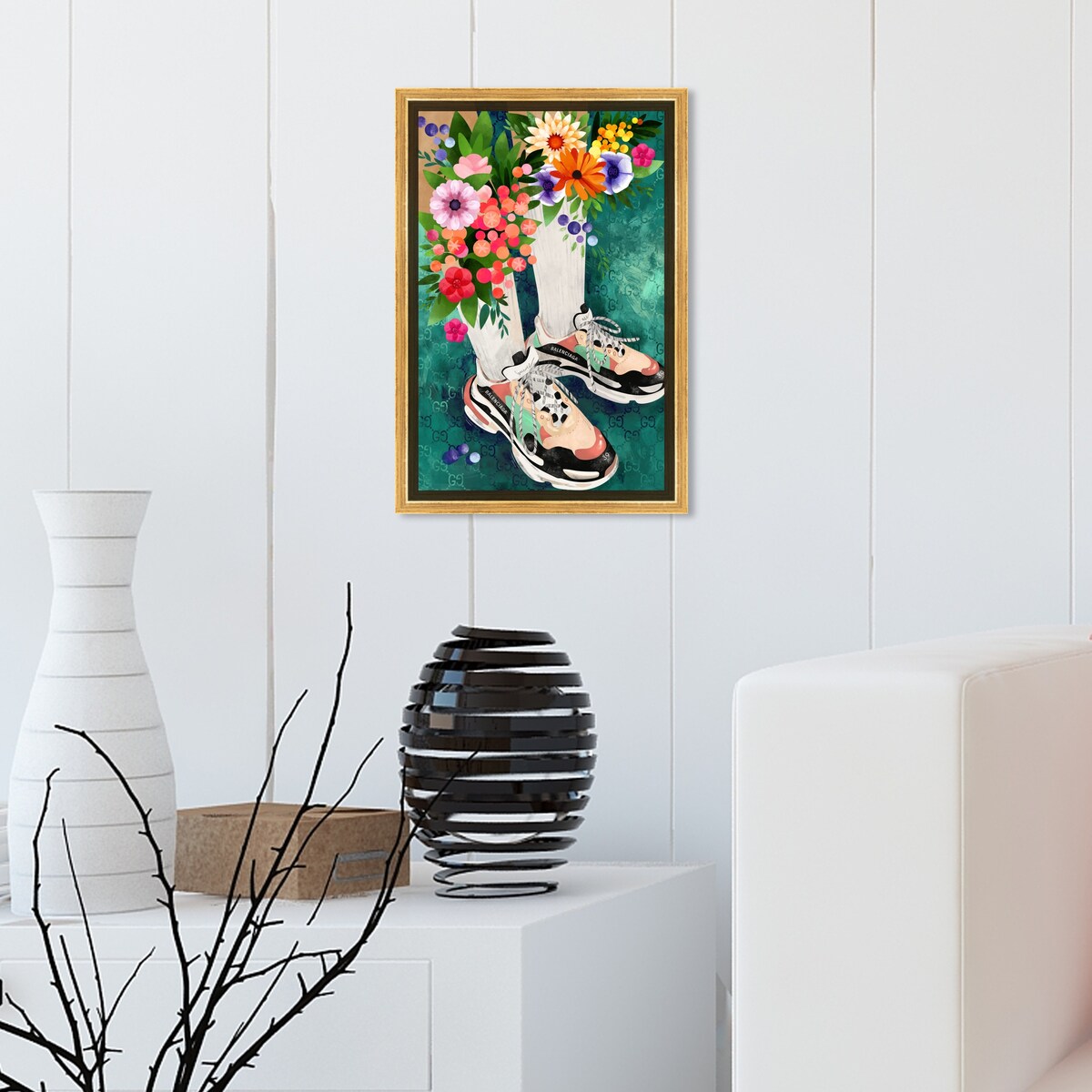 Stylish Floral Sneakers & Socks Set with Modern Green Framed Canvas Wall Art - Perfect for Bedroom Decor and Fashion Outfits | Home & Fashion Combo
