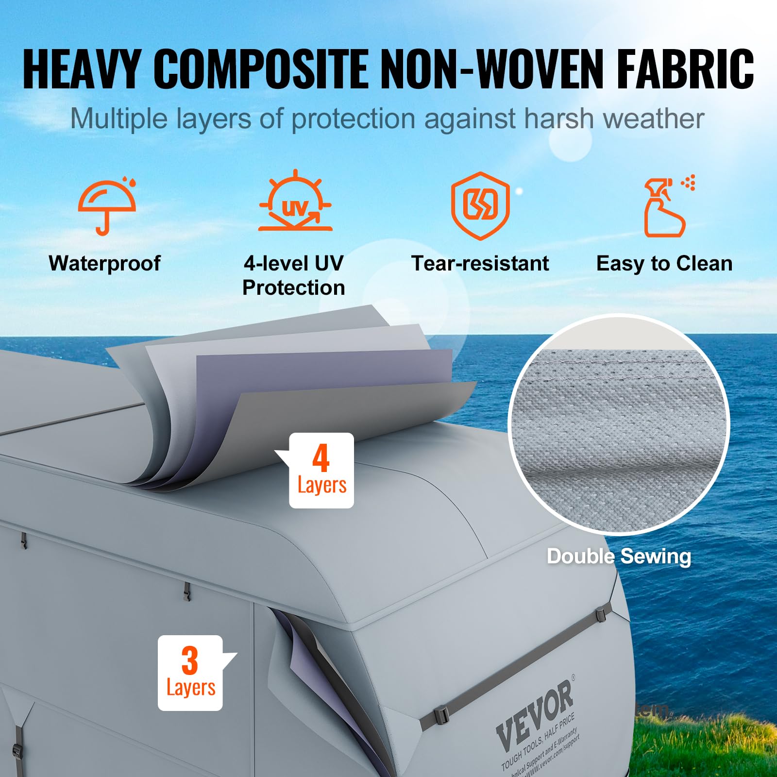 VEVOR 24-26' RV Travel Trailer Cover - 4-Layer Waterproof Windproof Camper Cover with Storage Bag | Heavy Duty Rip-Stop Non-Woven Fabric for Class A Motorhomes | Perfect for Outdoor Storage & Winter Protection