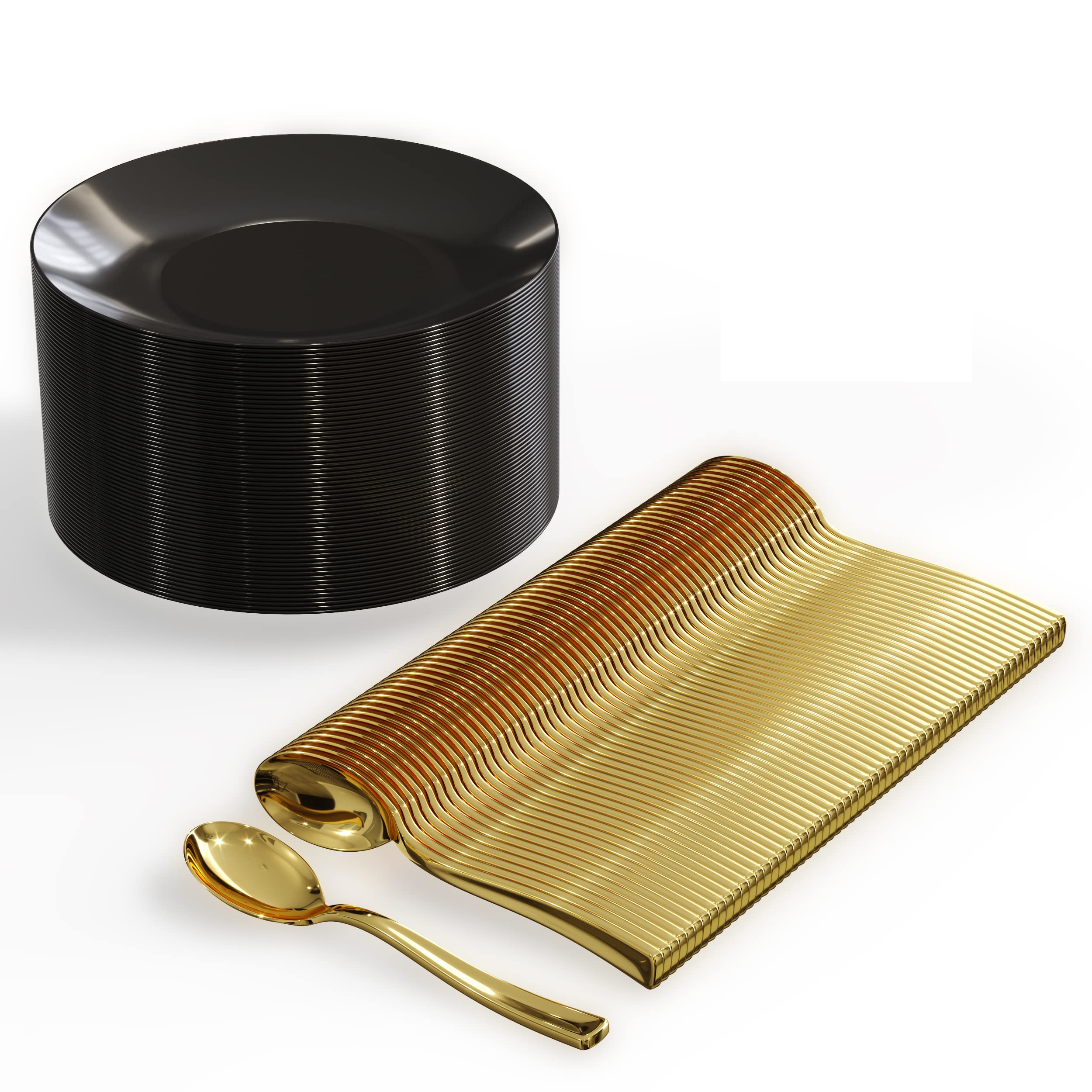Trendables 120CT Disposable Dessert Plates with Gold Spoons - Elegant Black Small Plastic Plates for Parties, Weddings & Events (Serves 60 People) - Perfect for Birthday Celebrations, Baby Showers & Catering
