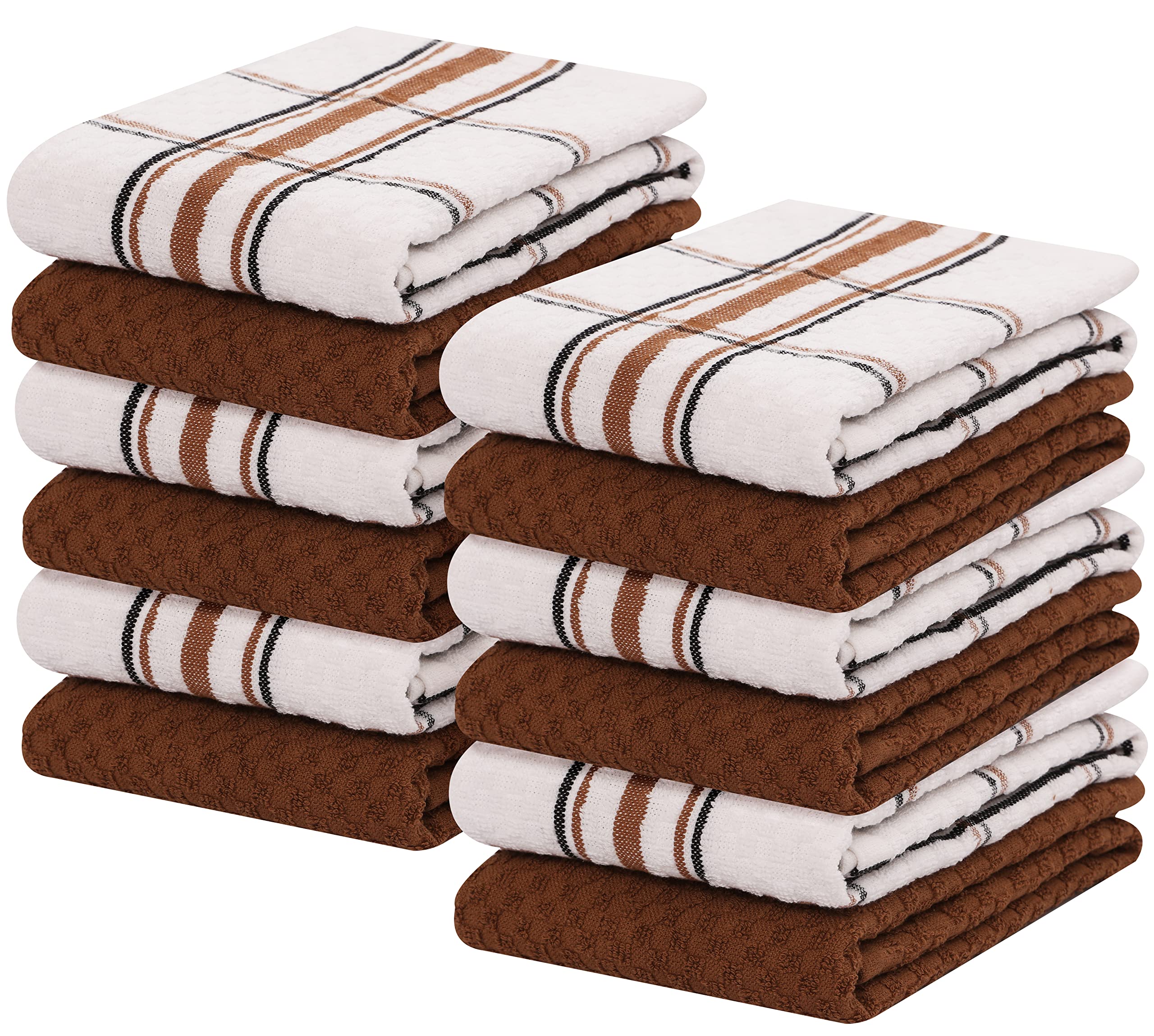 RUVANTI 12 Pack 100% Cotton Terry Kitchen Towels - Super Absorbent & Quick Drying Dish Towels for Cleaning, Washing Dishes & Countertops - Soft Washable Tea Towels (15x25 Inches, Brown & White) - Perfect for Everyday Kitchen Use, Dish Drying & Household Cleaning
