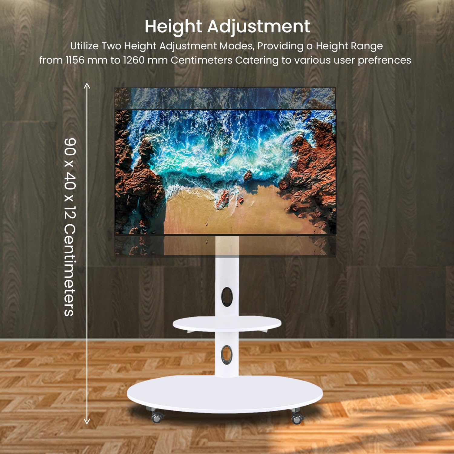 Adjustable Height Wooden & Metal Mobile TV Stand with Wheels for 65 Inch LED/Smart TV - White Oval Trolley TV Unit for Living Room, Bedroom & Home Theater