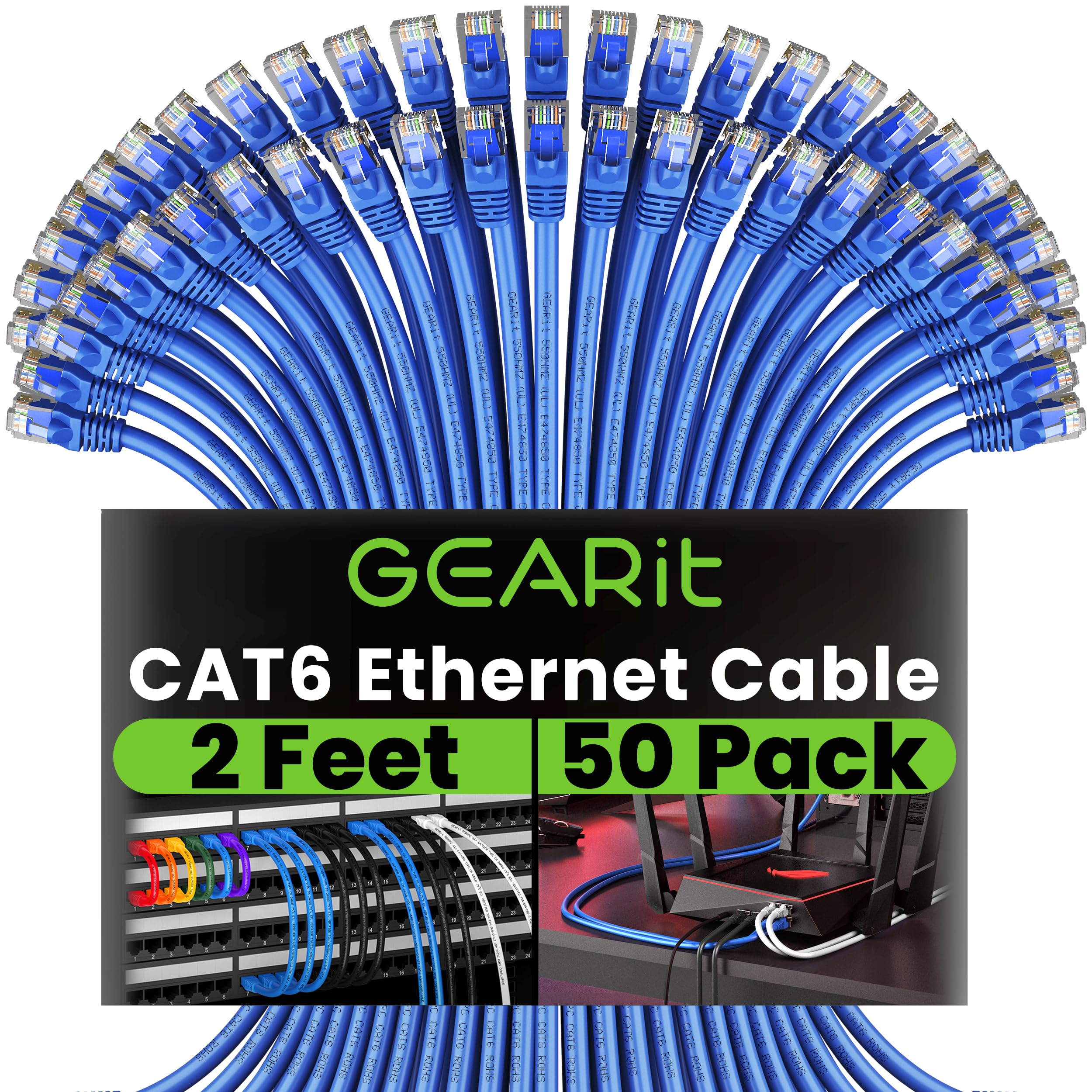 GEARit Cat 6 Ethernet Cable 50-Pack (2 Feet) - 10Gbps High-Speed Snagless RJ45 Network Patch Cord with Gold-Plated Connectors - Perfect for PC, TV, Tablet, Router, Printer & Data Center - Ideal for Home Office, Gaming Setup & IT Infrastructure (Blue)