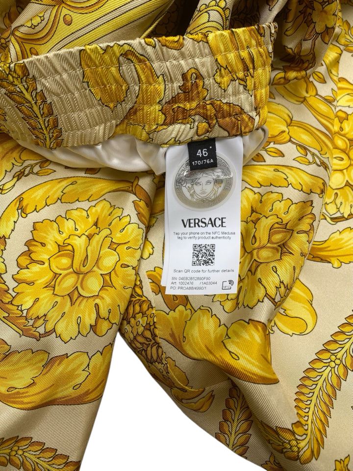 Versace Barocco Champagne Print Silk Shorts for Men - Size Small | Luxury Designer Swimwear for Pool Parties & Beach Vacations