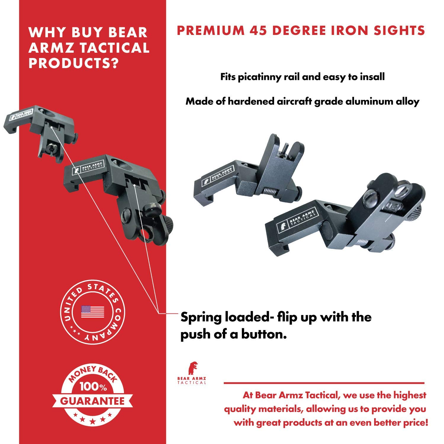 45 Degree Offset Flip Up Iron Sights - Spring Loaded BUIS for Picatinny/Weaver Rails - Fast Transition Front & Rear Backup Sights for AR15, Tactical Rifles & Hunting - Made in USA | Perfect for Close Quarters Combat & Low Light Shooting