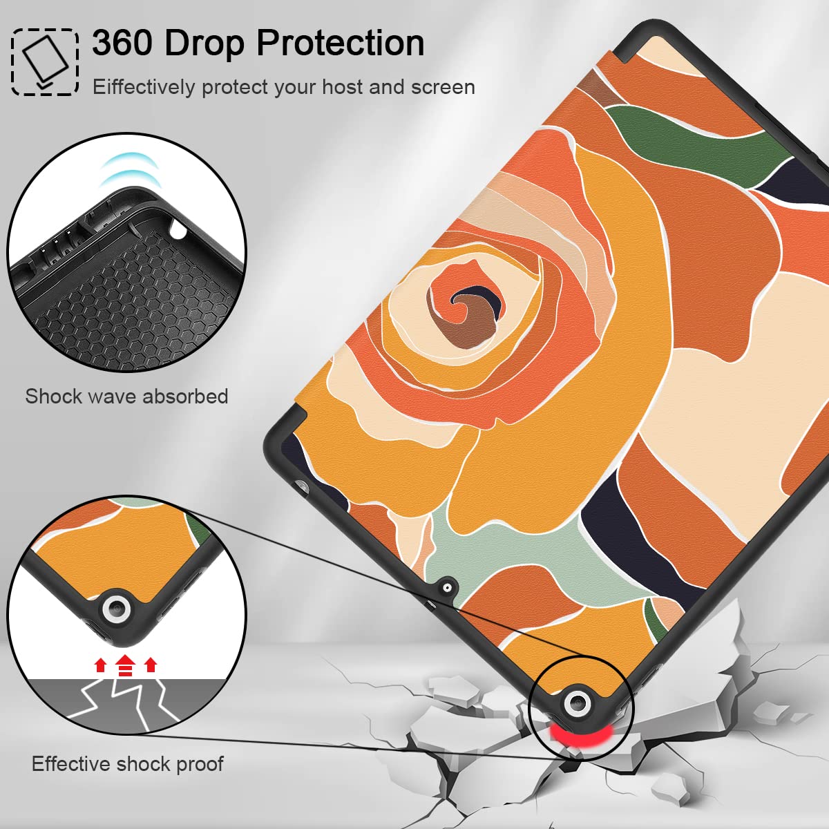 Mektron iPad 10.2 Case for 9th/8th/7th Generation (2021/2020/2019) - Slim Stand Hard Back Shell with Pencil Holder & Magnetic Smart Cover | Auto Wake/Sleep Function | Abstract Rose Design | Perfect for Work, School & Travel Protection