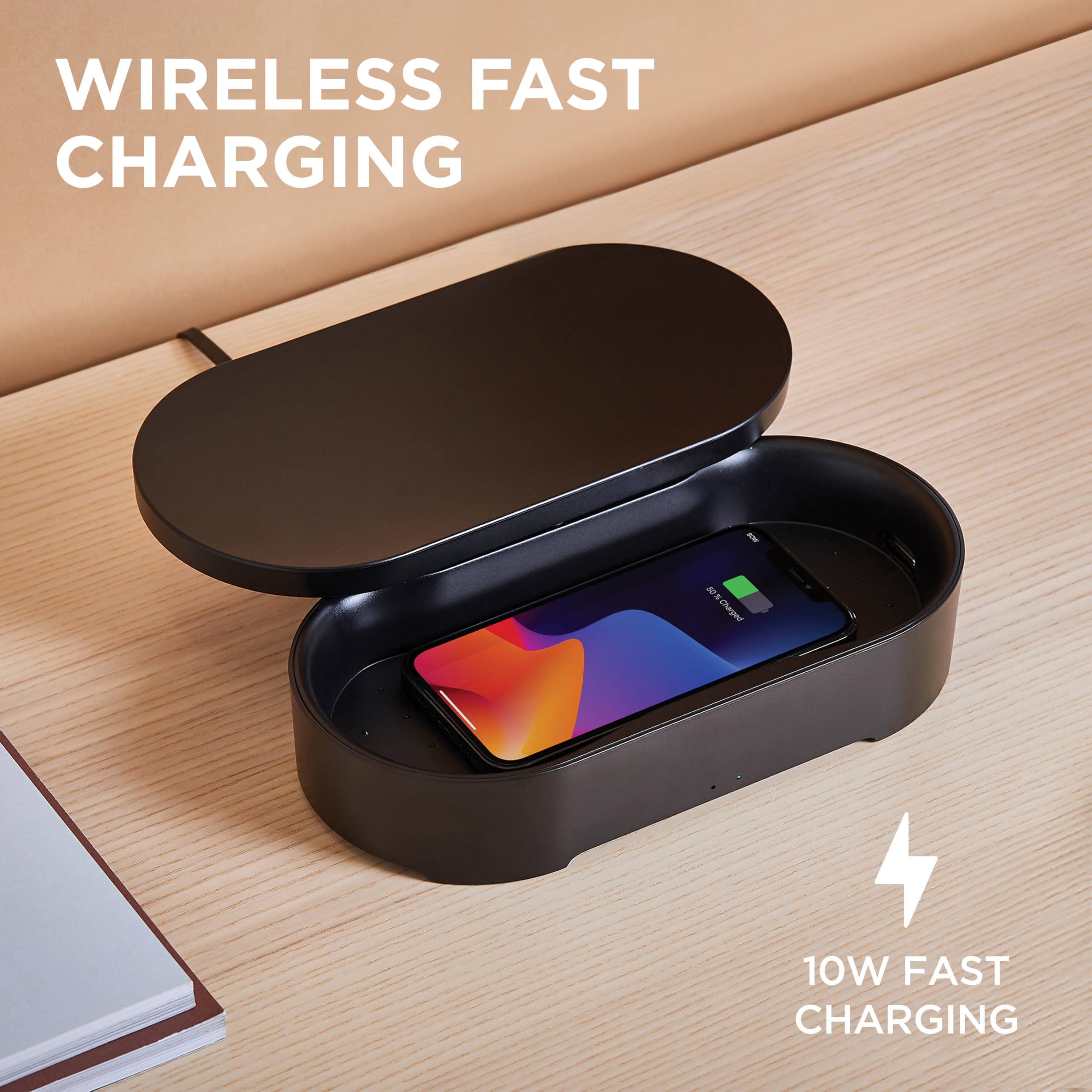 Lexon UV Phone Sanitizer & Wireless Charger - OBLIO Box with Fast Qi Charging & 360° UV-C Light for Cellphone Cleaning | Sanitizes Glasses, Keys, Makeup Brushes | Compact Design for Home, Office, Travel | Black