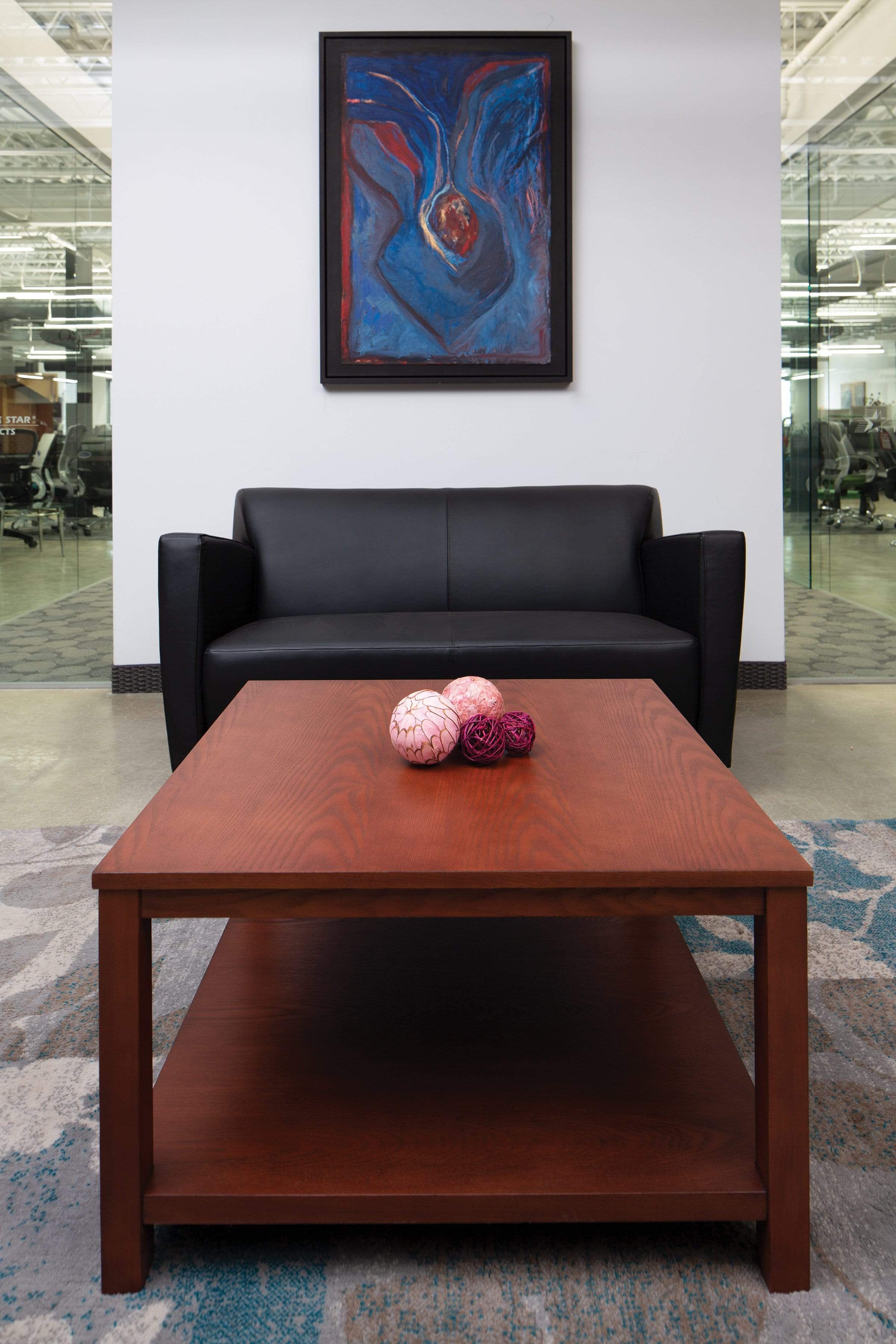 Premium Black Leather Office Loveseat with Cherry Wood Legs - Modern Executive Sofa for Home Office, Reception Area & Waiting Room - OSP Furniture [SL8472]