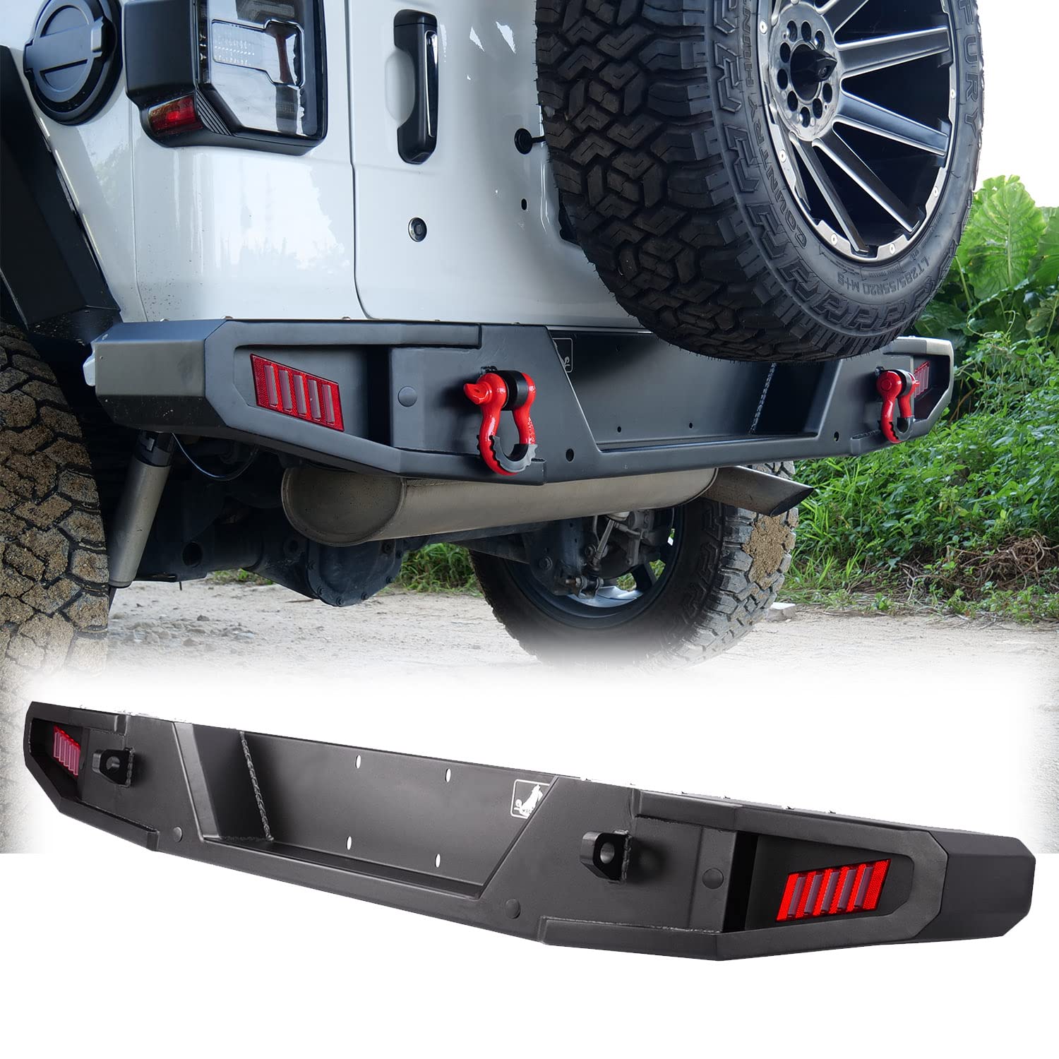 HAWKLEY Offroad Rock Crawler Full Width Rear Bumper with 2X LED Lights for Jeep Wrangler JL & JLU Unlimited (2018-2023) - Fits 2/4 Door Rubicon Sahara Sport Models - Heavy Duty Protection for Off-Roading & Trail Adventures