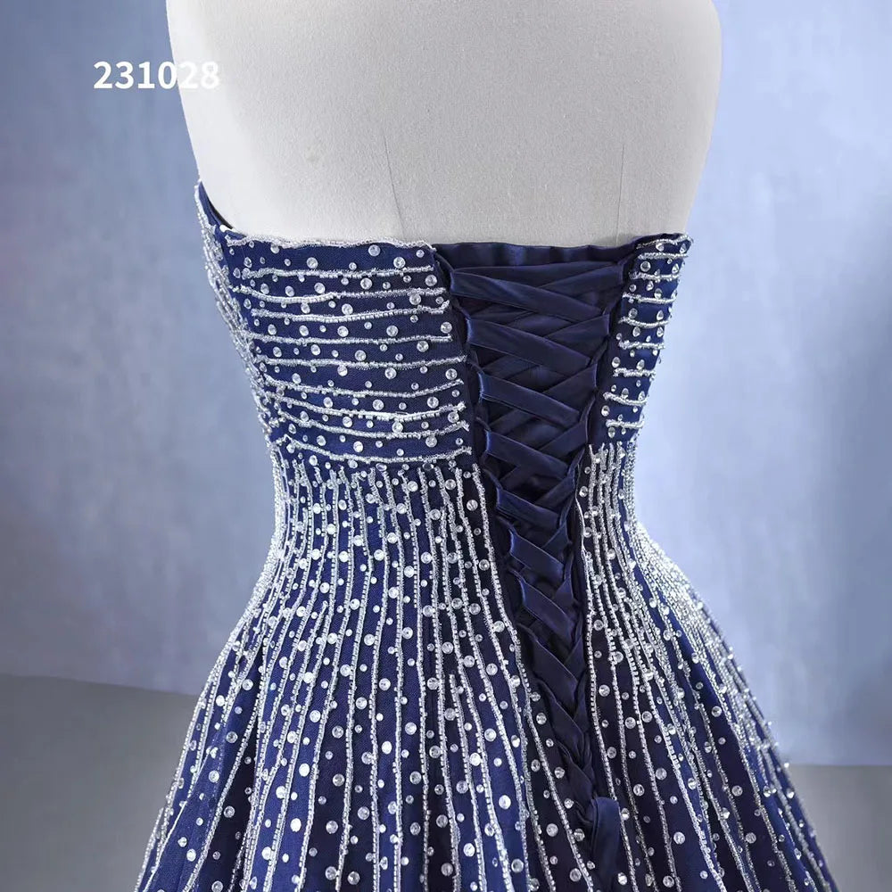 Luxury Navy Blue Strapless Crystal Beaded Wedding Dress with Pearls & Lace Up - Custom Made Bridal Gown HM23102 | Perfect for Beach Weddings, Evening Galas & Formal Occasions