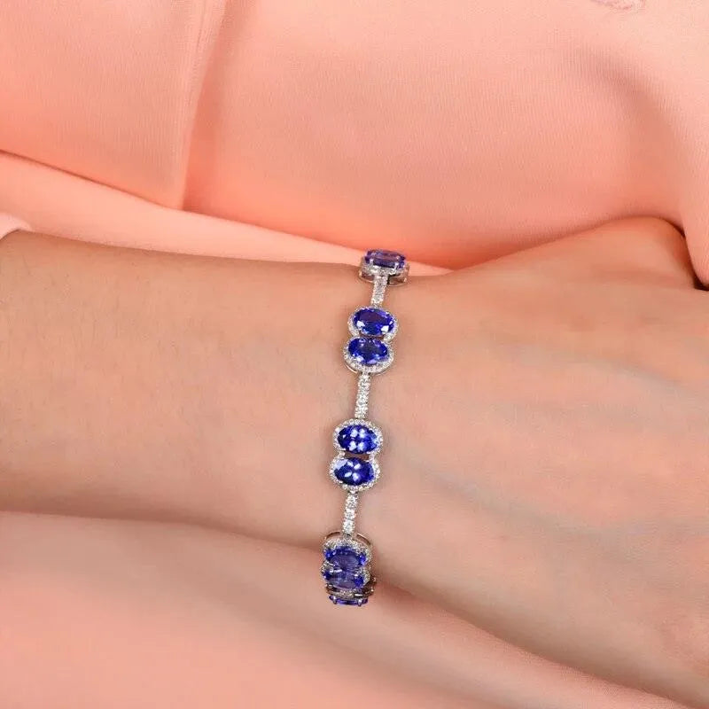13.34ctw Oval Natural Tanzanite & Diamond Pave Bracelet in 14K Gold (Au585) - Elegant Caimao Jewelry for Women, Perfect for Weddings, Anniversaries & Special Occasions