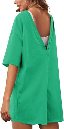 Women's Oversized Tee Romper - Summer Casual Backless Jumpsuit for Workout & Athletic Wear | Perfect for Gym, Yoga, Beach and Street Fashion