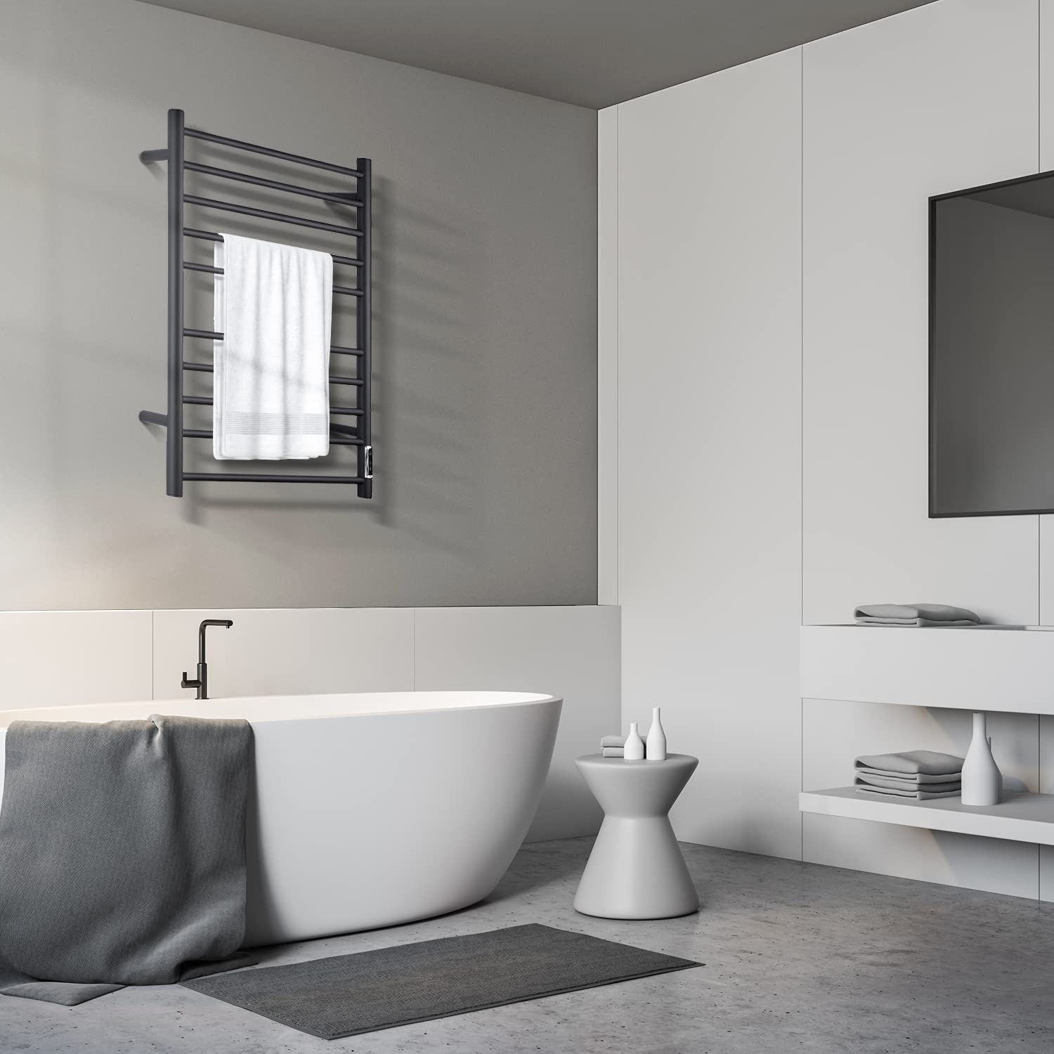 ETW25A Electric Towel Warmer with Timer - Wall Mounted Bathroom Heated Towel Rack, Plug-in Black - Perfect for Spa, Luxury Bathrooms & Cold Weather Comfort