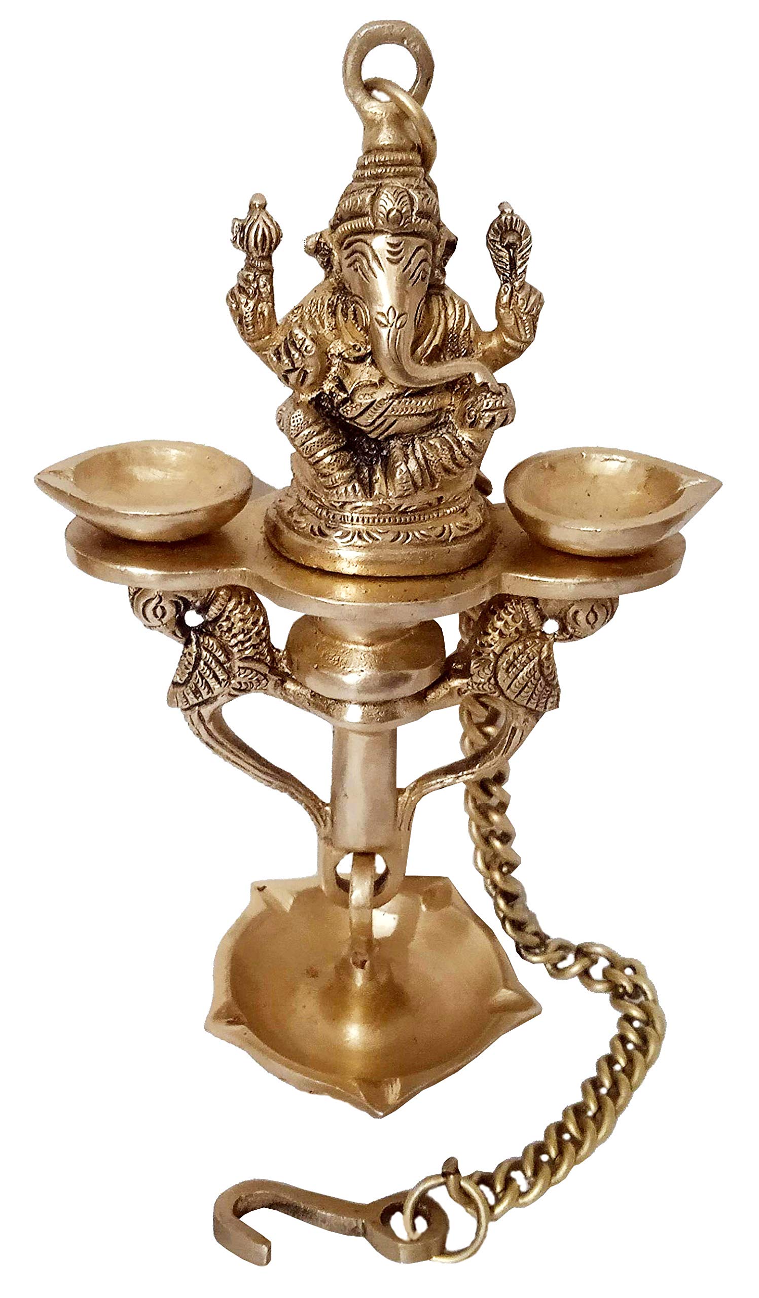 Purpledip Brass Ganesha Nila Vilakku 7-Wick Hanging Diya Oil Lamp - Peacock Design Traditional Deepak for Hindu Pooja (12253) | Perfect for Home Temple Decor, Wedding Ceremonies & Festival Decorations