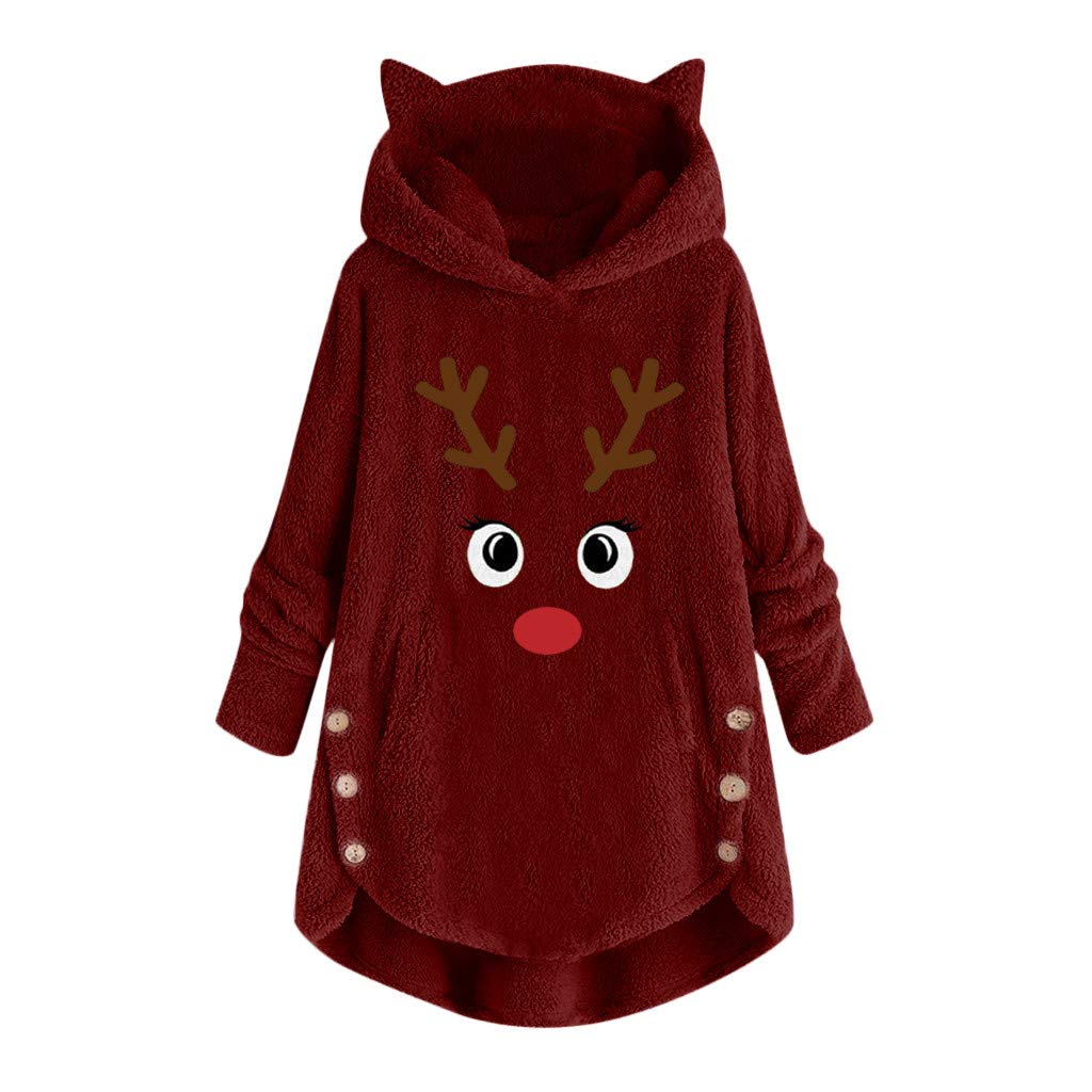 Women's Cozy Long Sleeve Button-Up Hooded Sweatshirt - Christmas Embroidery Elk Pullover Loose Fit Sweater Top for Winter Outfits & Holiday Gatherings