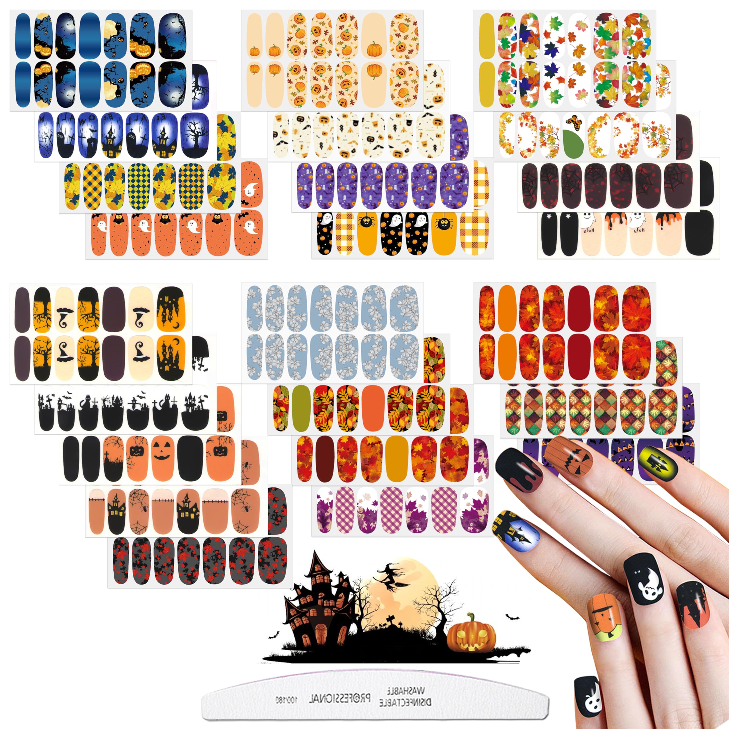 JERCLITY 24 Sheets Halloween Nail Polish Strips - Real Maple Leaf Nail Stickers, Full Nail Wraps for Women, DIY Nail Art for Halloween & Holiday Parties, Includes Nail File - Perfect for Costume Parties, Pumpkin Carving, Trick or Treating