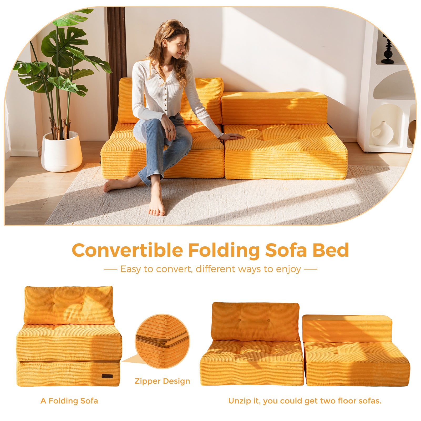 MAXYOYO Convertible Folding Sofa Bed with High Density Support Foam - Comfortable Sleeper Sofa for Small Spaces, Guest Room & Apartment Living - Orange Modern Futon for Living Room, Bedroom & Office