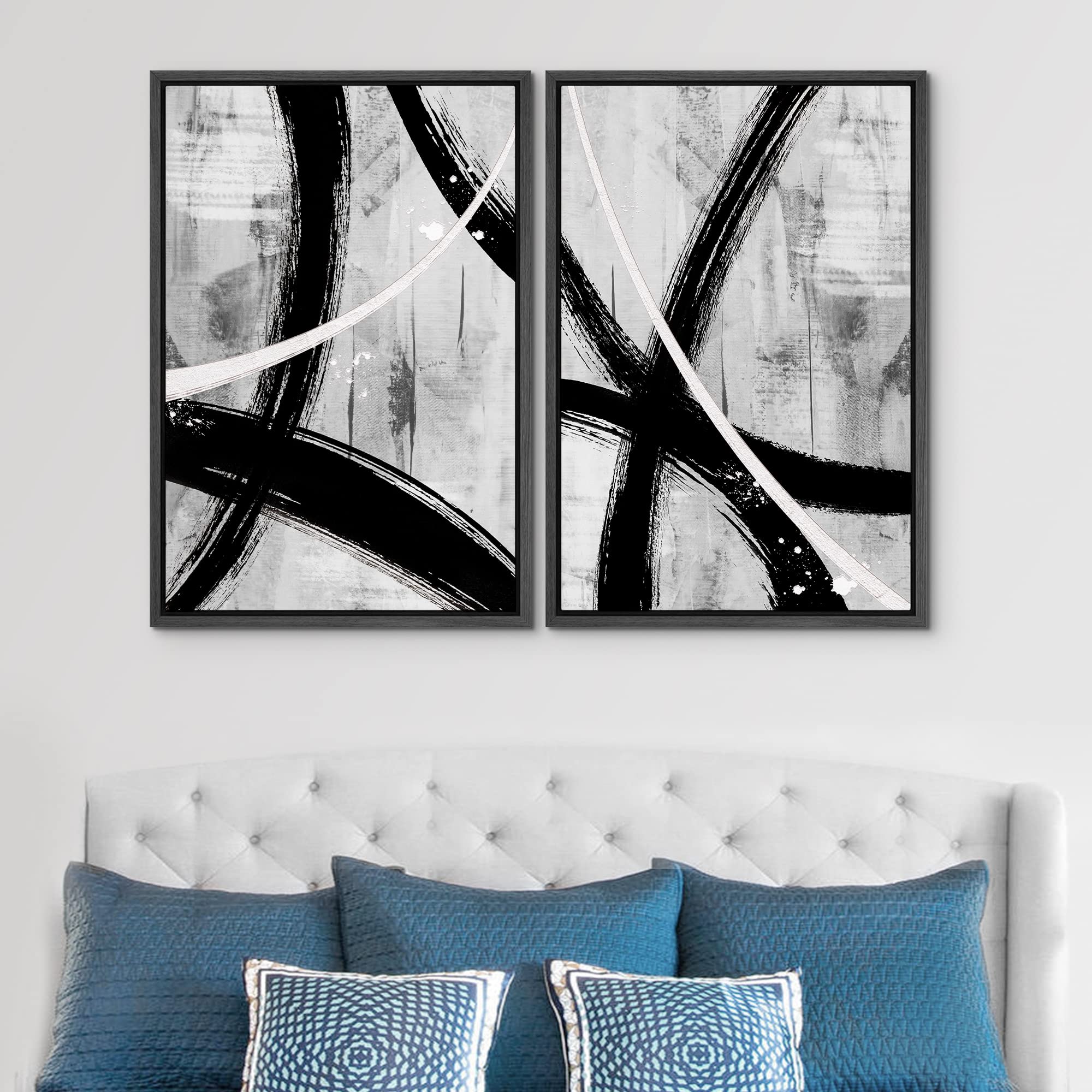 Modern Abstract Framed Canvas Wall Art Set - Black & White Paint Stroke Circle Collage Contemporary Decor for Living Room, Bedroom, Office - 16x24 Inches (Set of 2) | Perfect for Home Decor, Housewarming Gifts & Office Wall Art