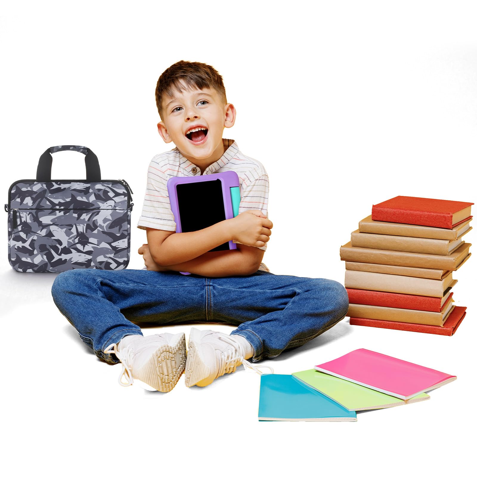 Durable Kids Tablet Case for Boys & Girls - Protective Sleeve Bag Compatible with Fire HD 10, Fire HD 8, Fire 7 & Kindle (Shark Black) - Perfect for School, Travel & Home Use