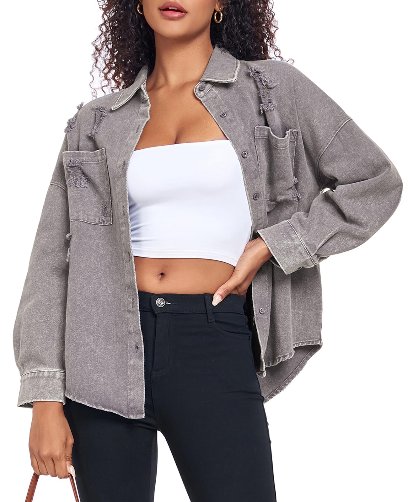 Women's Oversized Denim Jacket - Distressed Boyfriend Style Button Down Jean Coat with Pockets | Casual Outfit, Streetwear Fashion, Spring & Fall Layering Essential