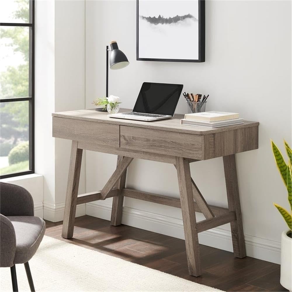 Allora 2-Drawer Small Transitional Wood Space Desk in Gray Wash - Compact Home Office Desk for Small Spaces, Dorm Room, Bedroom & Study Area