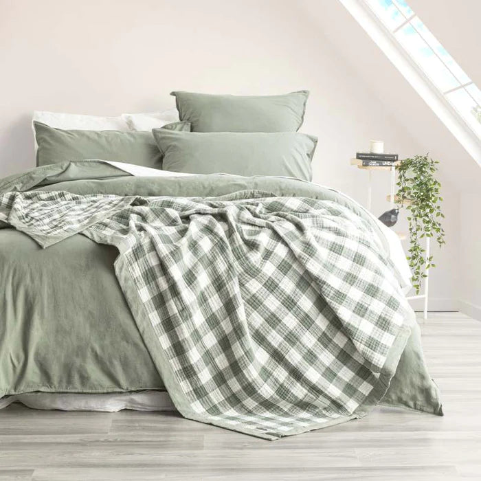 Renee Taylor EMERALD Gingham Washed Cotton Textured Blanket - Soft & Cozy Throw for Bed, Sofa, and Outdoor Picnics