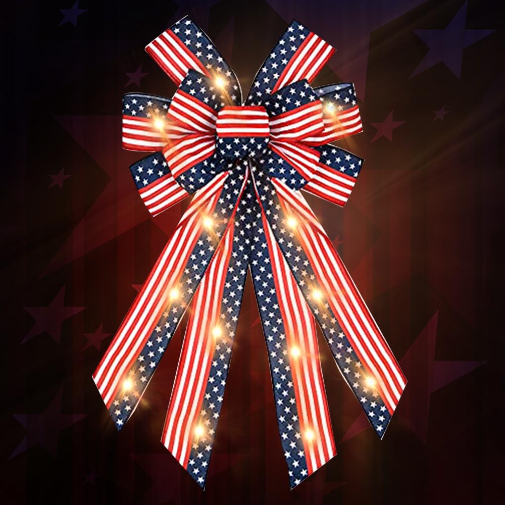 4th of July LED Wreath Bows - Patriotic Red White & Blue Burlap Bows with LED Lights | American Flag Star Decor for Front Door, Memorial Day, Independence Day & Patriotic Home Decor