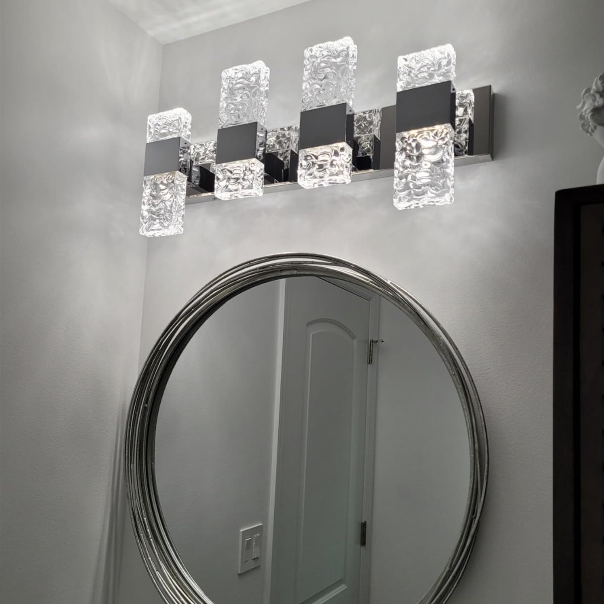 Modern LED Bathroom Vanity Light Fixtures - Chrome Stainless Steel 4-Light Wall Sconces for Bathroom Lighting Over Mirror - 28 Inch 40W LED Crystal Wall Light - Cool White 5800K - Perfect for Modern Bathrooms, Powder Rooms & Vanity Areas