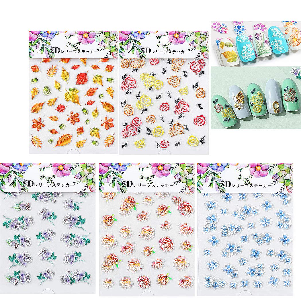 5D Stereoscopic Embossed Flower Nail Stickers - DIY Nail Art Decals for Women, 5 Sheets - Perfect for Home Manicures, Parties & Special Occasions