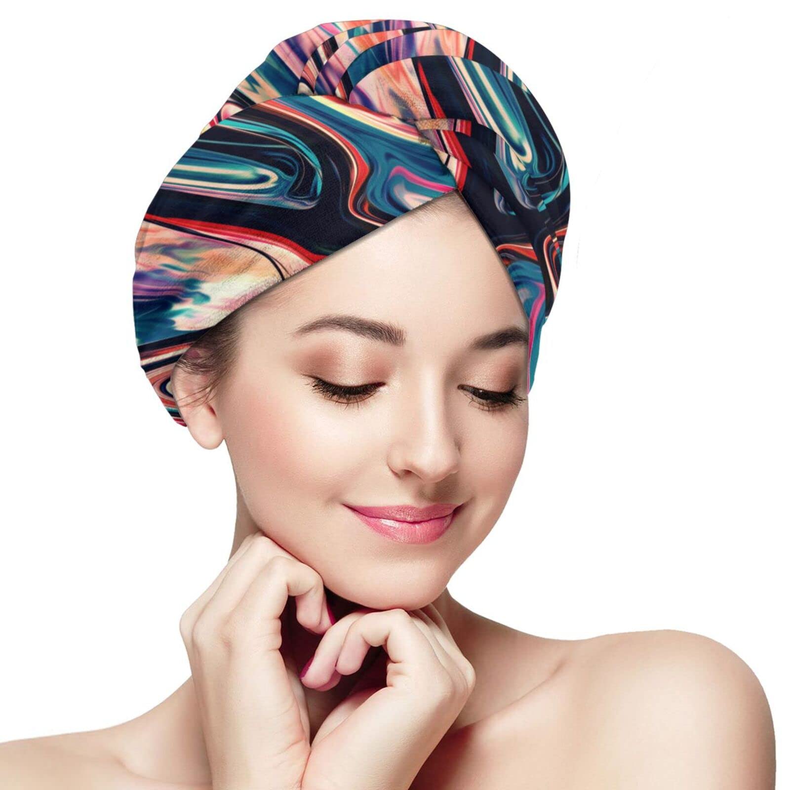 Abstract Design Hair Towel Wrap - Quick Dry Microfiber Hair Towel with Button Closure for Women (Purple/Red/Pink/Blue) | Perfect for Post-Shower, Salon & Travel Use