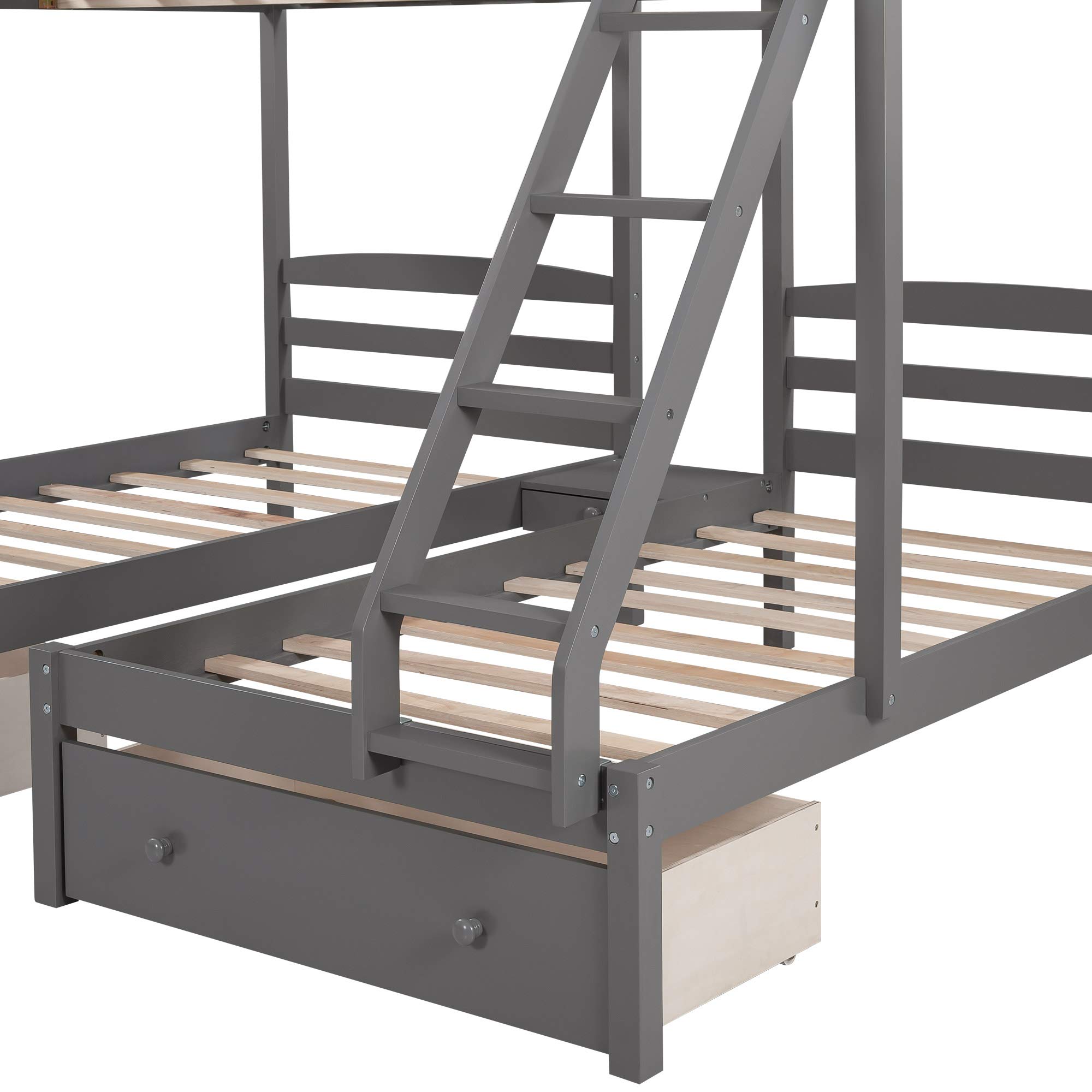 HERI Triple Bunk Bed - Full Over 2 Twin Bunk Beds with 3 Storage Drawers & Safety Guardrails (Gray) - Space Saving Solution for Kids' Bedrooms, Dorm Rooms & Vacation Homes