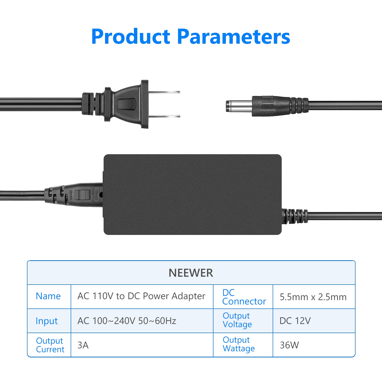 NEEWER 60W 12V 5A Power Supply Adapter, AC 100-240V to DC 12V Converter for LED Strips, CCTV Cameras, Security Systems - Universal Voltage for Home & Office Use