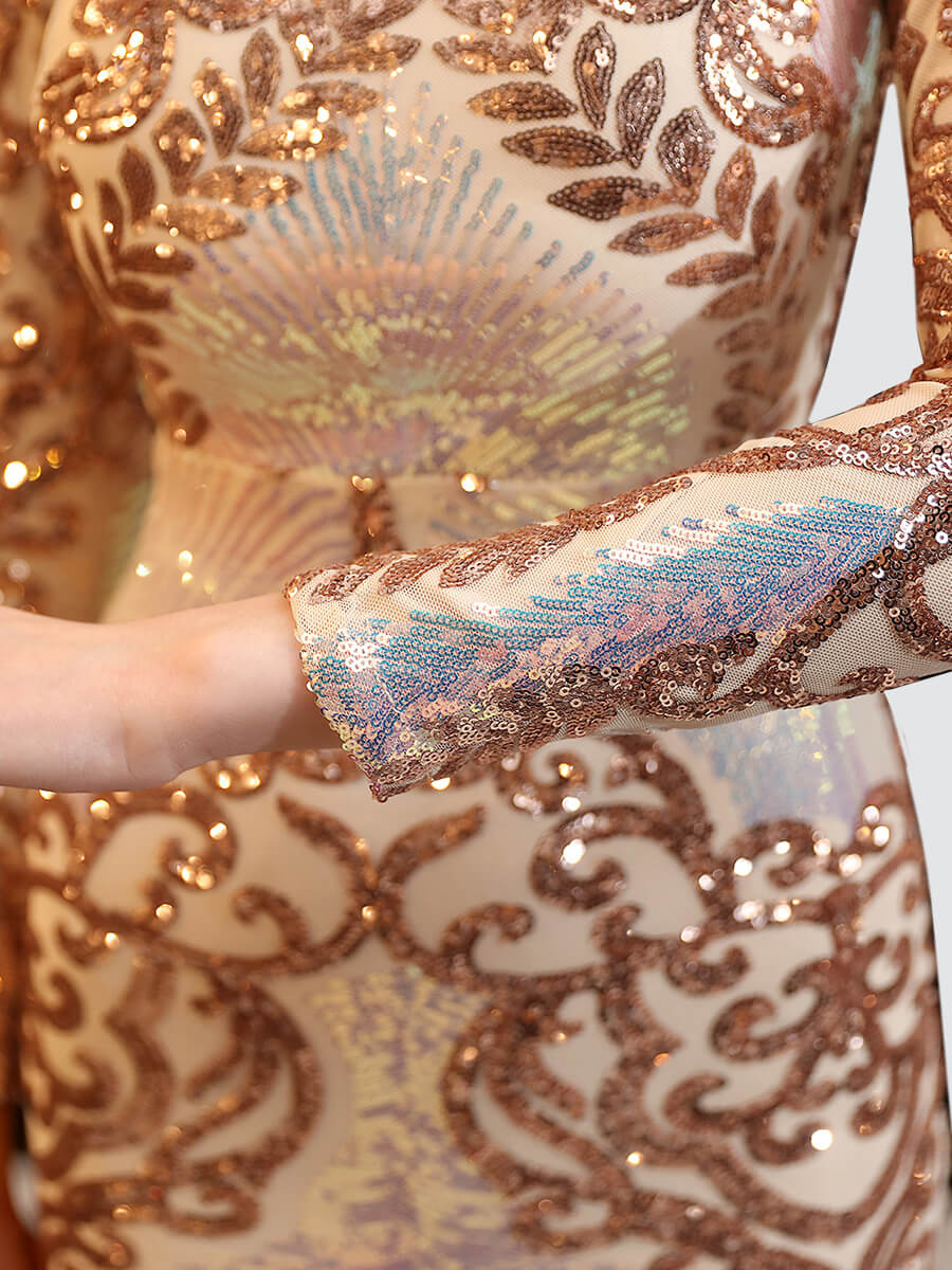 Elegant Champagne Gold Backless Long Sleeve Sequin Maxi Mermaid Evening Gown for Women - Perfect for Formal Dinners, Prom, Wedding Guest & Special Occasions