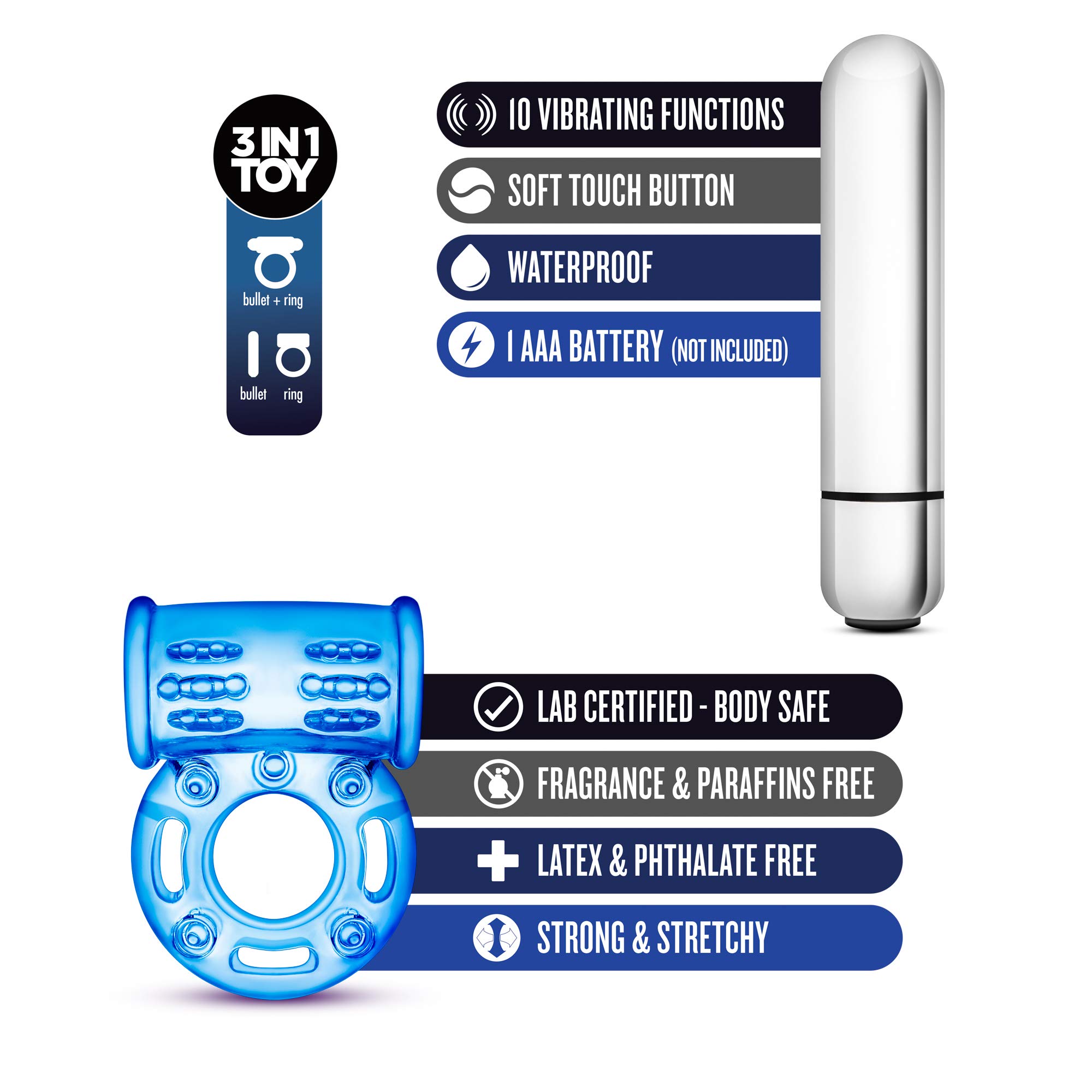10 Function Vibrating Bull Cock Ring for Men & Couples - Stay Hard, Thicker & Stronger Erections - Male Enhancement Sex Toy - Blue - Perfect for Spicing Up Intimate Moments & Enhancing Performance