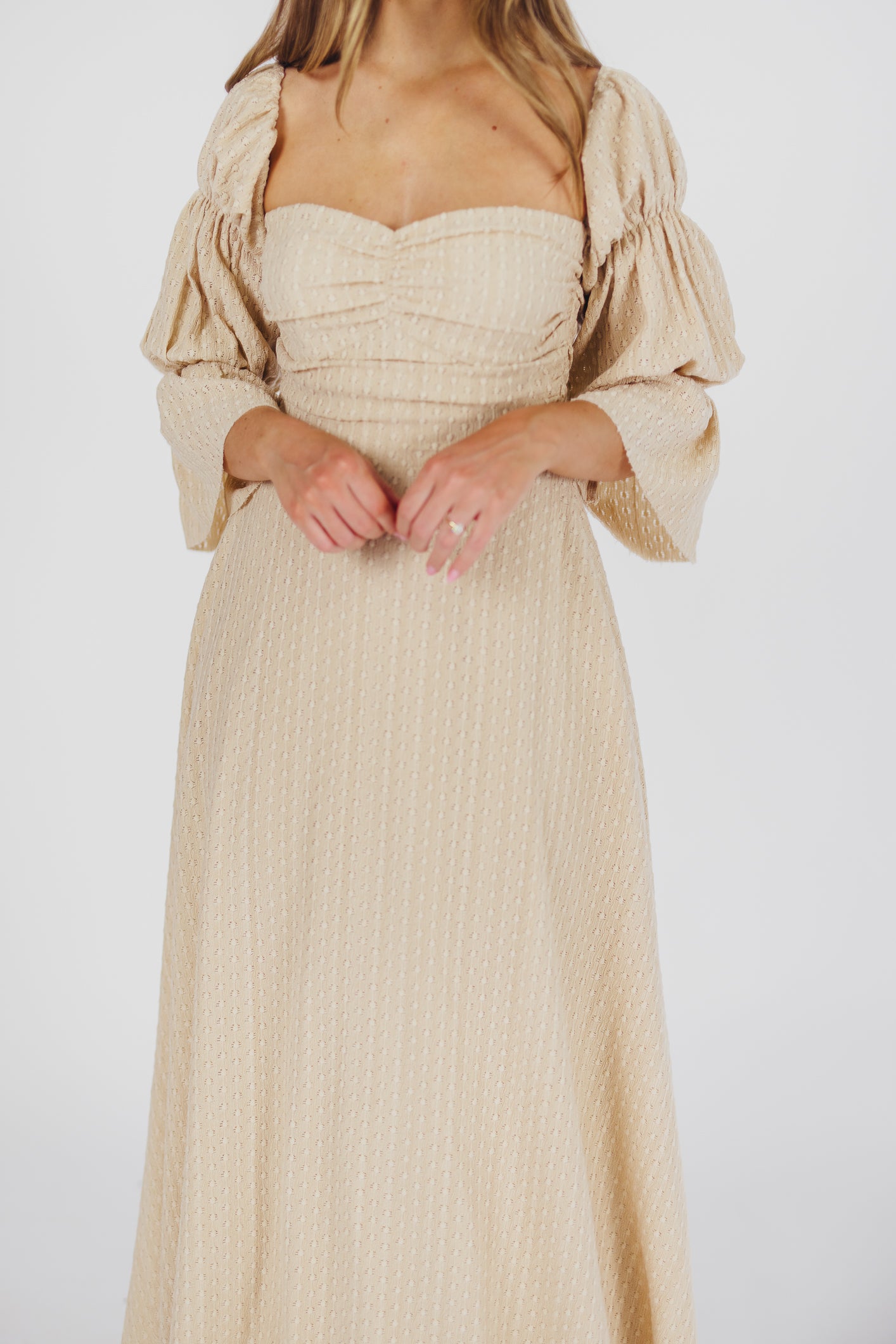 Corrine Tiered Sleeve Maxi Dress with Pockets - Bump Friendly Maternity Dress in Beige | Perfect for Pregnancy, Nursing, and Special Occasions