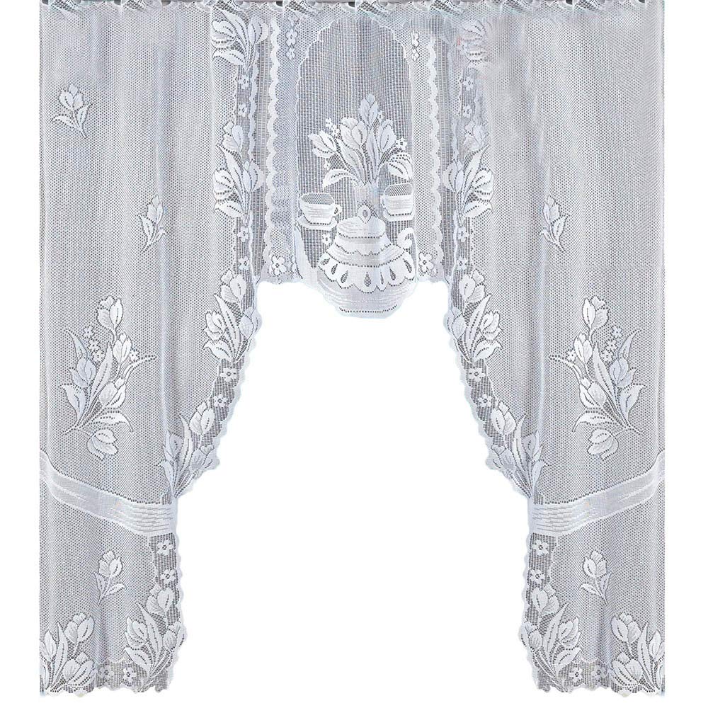 Vintage Style Embroidered Floral Lace Window Scarf Curtain - 47 x 41 Inch Ruffled Swag Valance for Kitchen, Living Room & Bedroom - Rose Pattern Coffee Drapes for Elegant Home Decor & Window Treatment