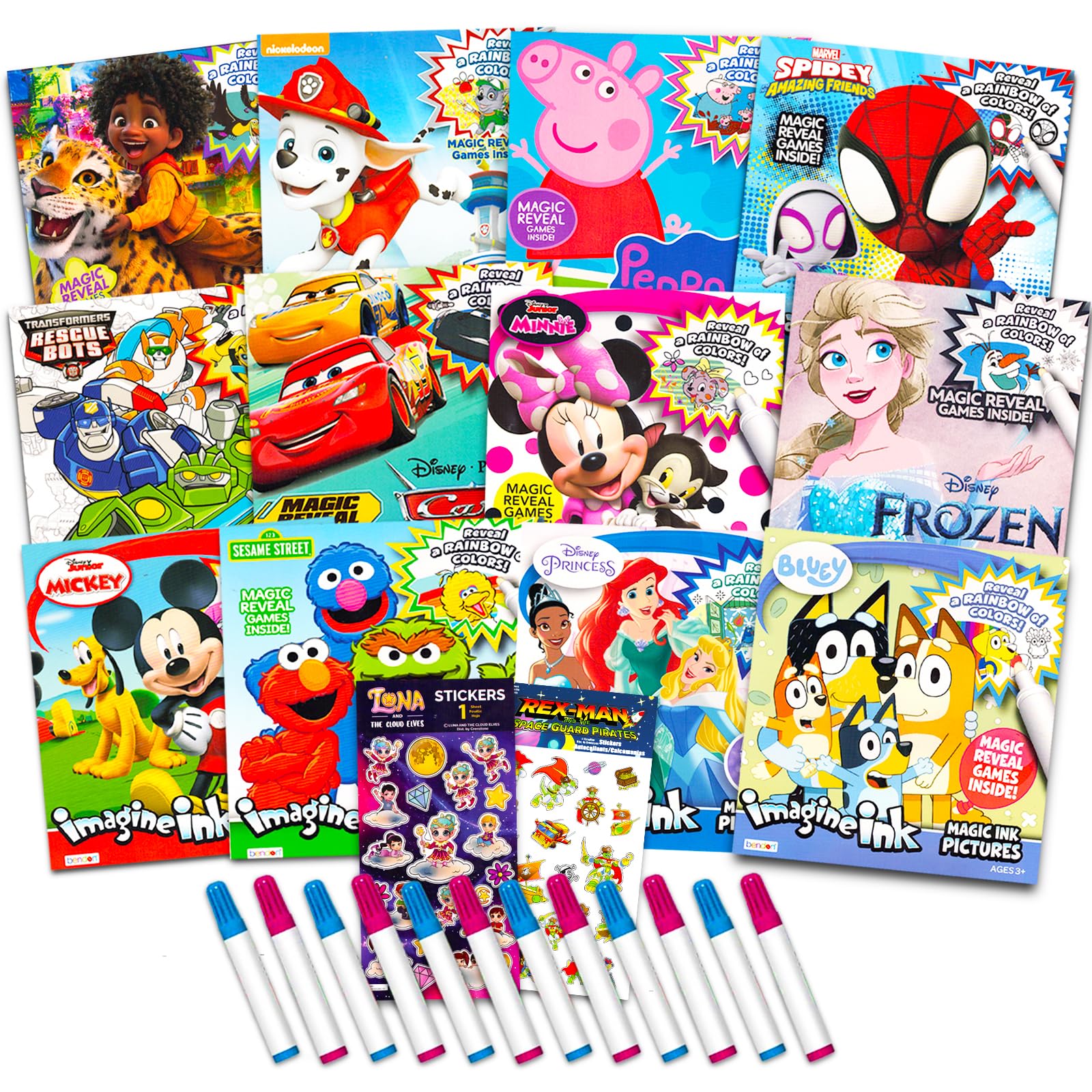 No Mess Coloring Books for Kids Ages 3-6 with Mini Mess-Free Markers - 72-Page Imagine Ink Activity Bundle Featuring Mickey Mouse, Bluey & Peppa Pig - Perfect for Travel, Birthday Gifts & Quiet Time Activities