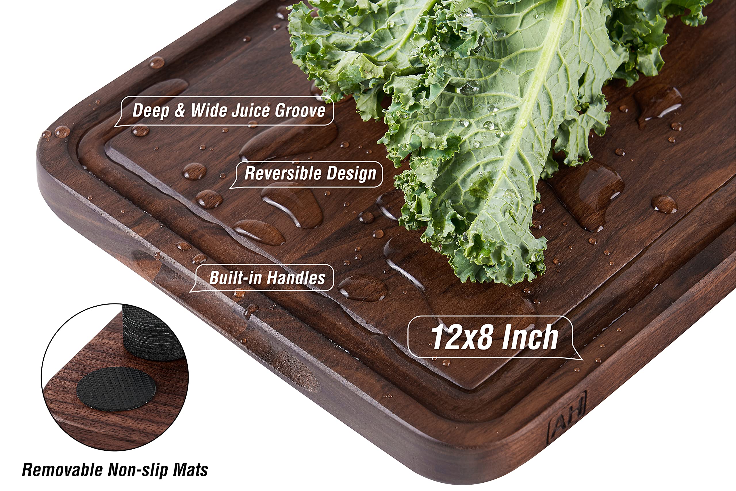 Premium Walnut Wood Cutting Board 12x8 Inch - Reversible Butcher Block with Juice Groove & Non-Slip Mats - Multipurpose Kitchen Charcuterie Cheese Board (Gift Box Included) - Perfect for Food Prep, Entertaining & Holiday Gifts