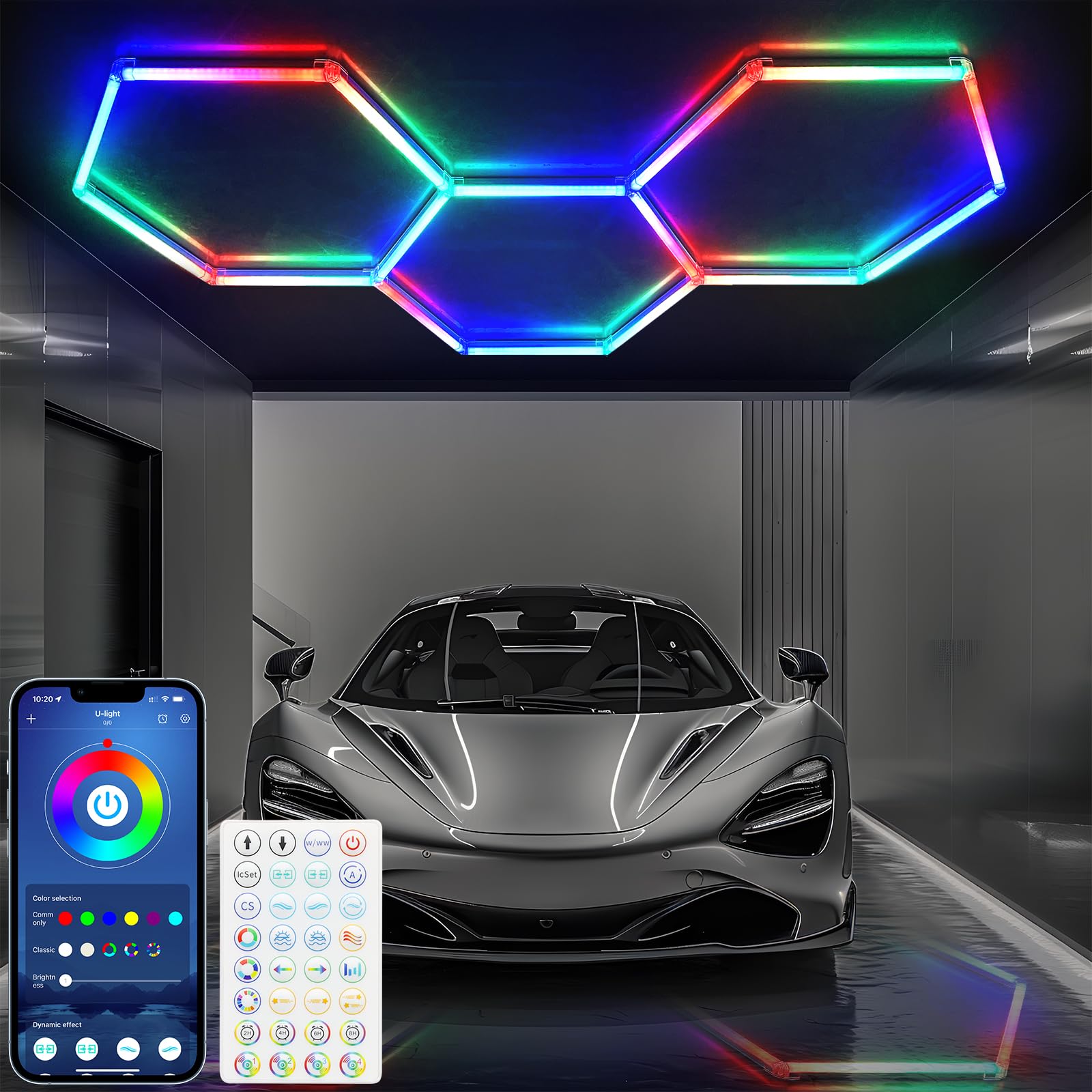 RGB Hexagon LED Lights - Smart Wall Panel with 4 Music Sync Modes, Dimmable Ambient Lighting for Gaming Room, Home Theater, Bedroom & Garage Decor (16 Colors)