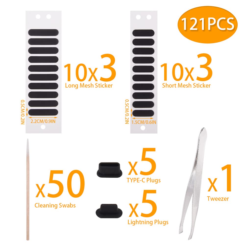 121Pcs Phone Speaker Stickers - Dustproof Mesh Protector & Loudspeaker Cover Anti-Dust Kit with Tweezer, Cleaning Swab & Dust Plug for All Smartphones - Perfect for Travel, Gym & Outdoor Activities