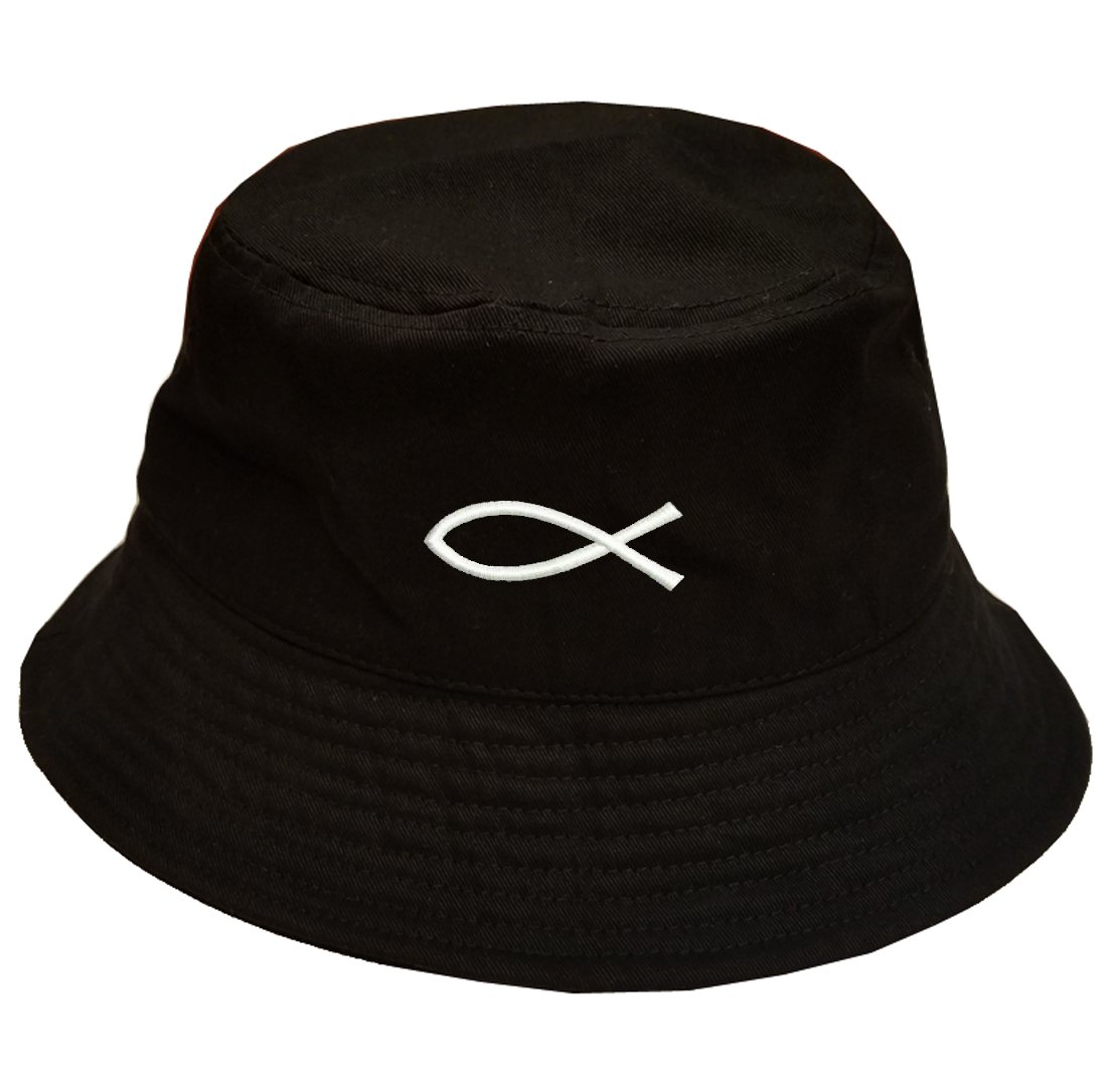 Jesus Christian Catholic Fish Fisher Symbol 100% Cotton Bucket Hat Black - Religious Fishing Hat for Men & Women, Outdoor Sun Protection