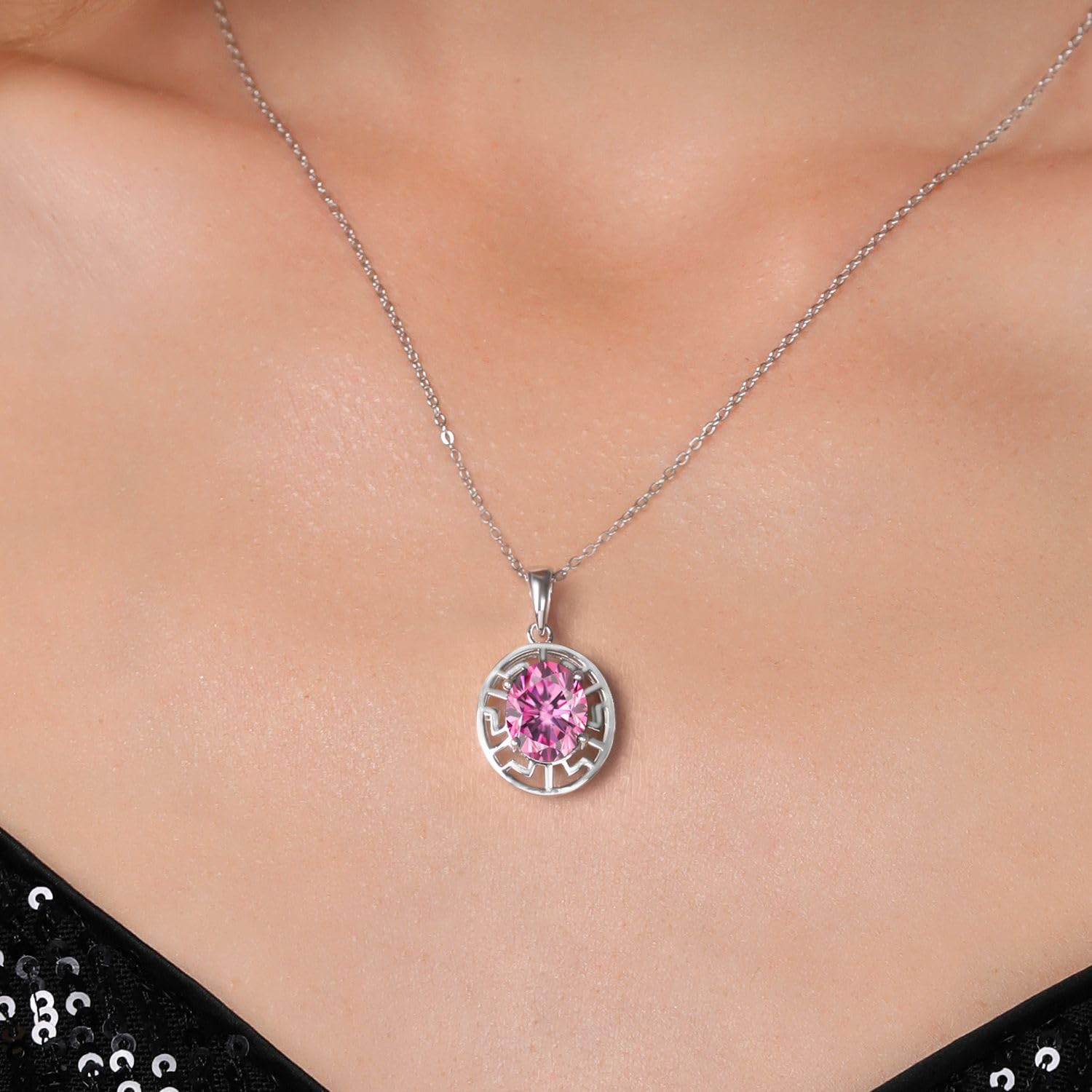 Gem Stone King 925 Sterling Silver 10X8MM Oval Birthstone Necklace for Women | Greek Key Pendant with 18 Inch Silver Chain | Elegant Jewelry Gift for Birthday, Anniversary & Special Occasions