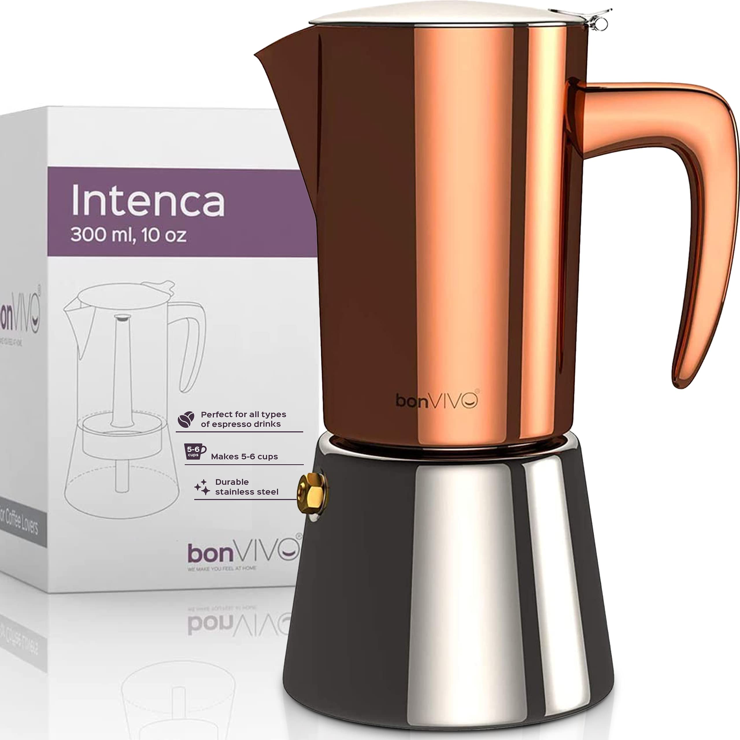 bonVIVO Intenca Stovetop Espresso Maker - Premium Stainless Steel Italian Moka Pot for Rich Coffee - 6 Cup Capacity (10oz) - Perfect for Camping, Home & Office Use - Durable Copper Finish