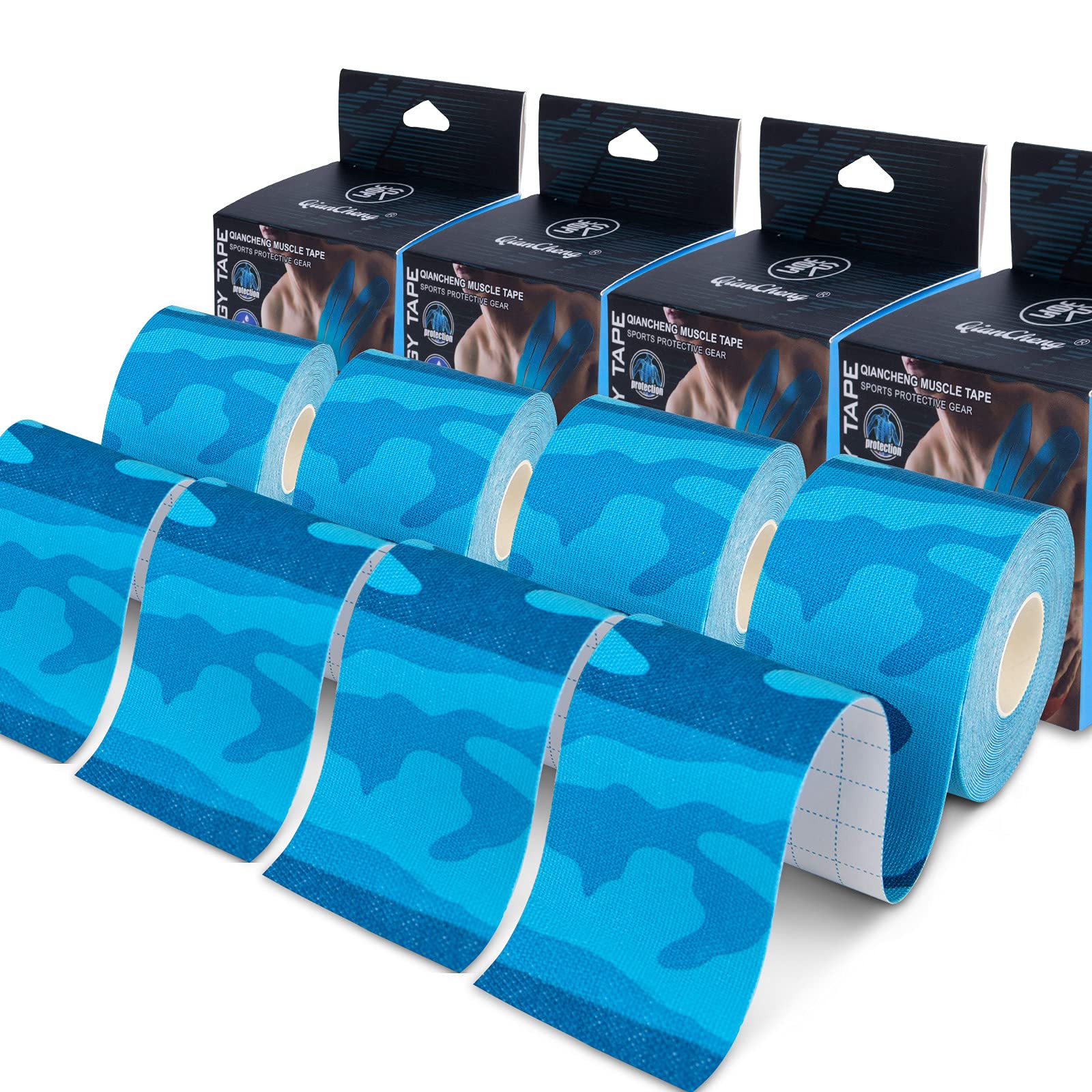 4 Pack Kinesiology Tape for Sports & Athletes - 16 FT Waterproof Athletic Tape for Knee, Elbow, Shoulder Support & Muscle Pain Relief (Camouflage Blue) | Ideal for Running, Gym Workouts, Physical Therapy & Injury Recovery