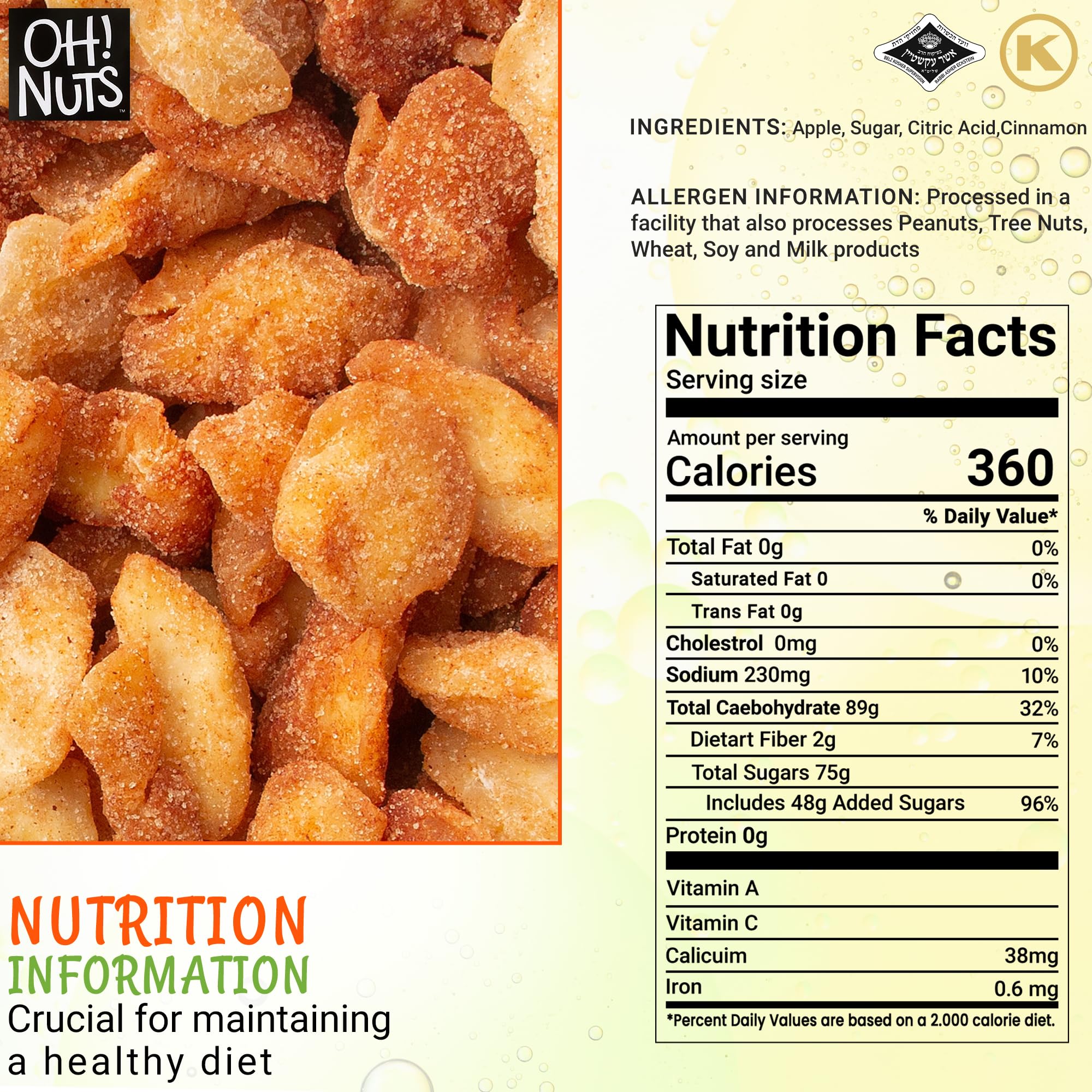 Oh! Nuts Dried Cinnamon Apple Slices - 1 lb Bag | Sweetened Dehydrated Fruit Snacks | Freshness Sealed in New York | Perfect for Baking, Trail Mix & Healthy Snacking