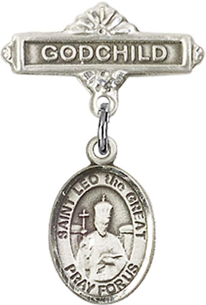 Sterling Silver Baby Badge with St. Leo the Great Charm & Godchild Pin - Handmade in USA | Perfect for Christening Gifts, Baptism Jewelry & Baby Keepsakes