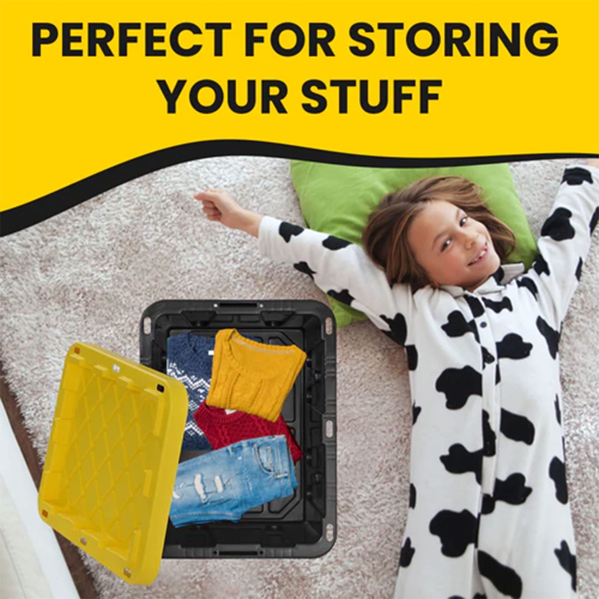 Juggernaut Storage 4-Pack 5 Gallon Plastic Tote Bins with Lids - Heavy Duty Stackable Organizer Containers for Home, Garage, Office & Warehouse Organization (Black/Yellow)